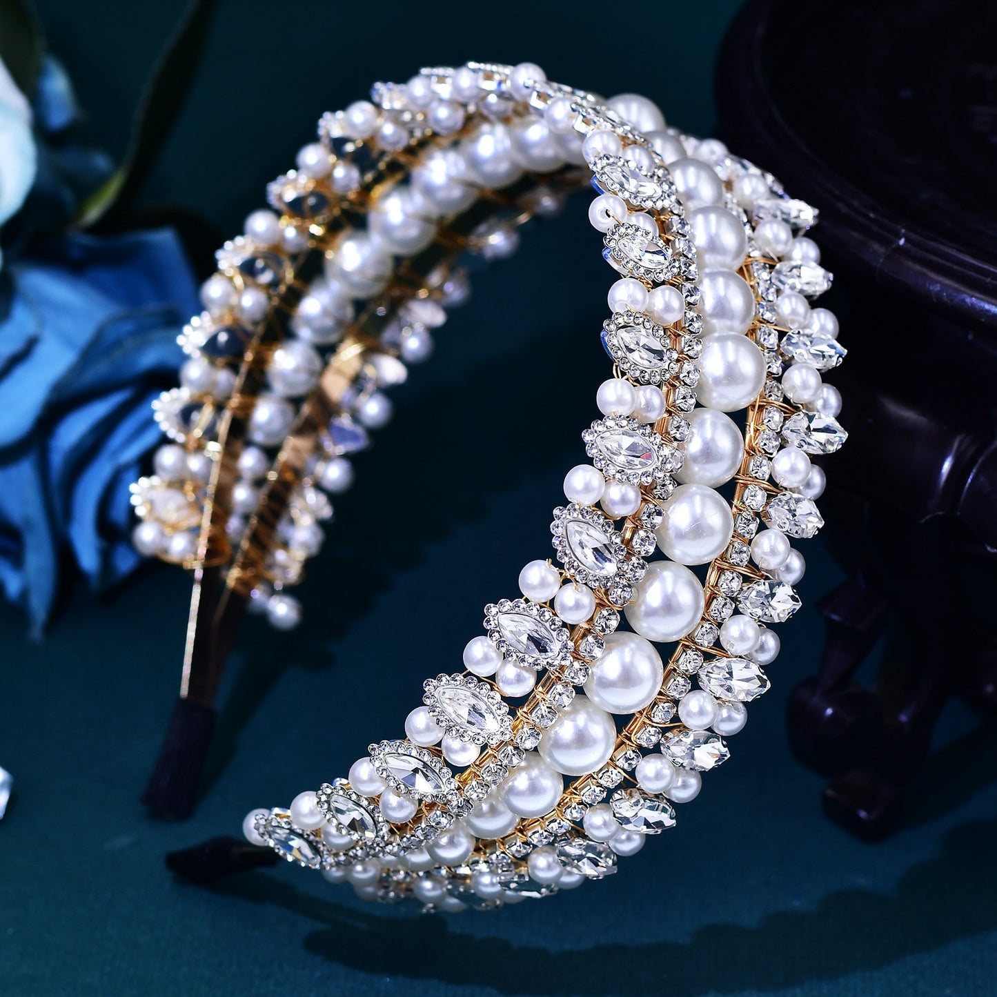 BRIDELLA BHP631 Bridal Headband with Pearls Rhinestone Woman Wedding Beaded Hair Accessories Luxury Gemstone Bridesmaid Headwear