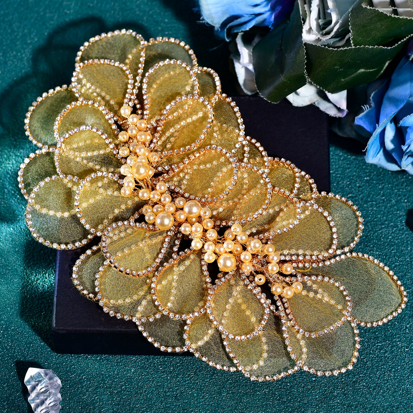 BRIDELLA BHP681 Handmade Mesh Flower Headband Women Gold Color Pearl Headwear Hair Accessories Rhinestone Wedding Headdress