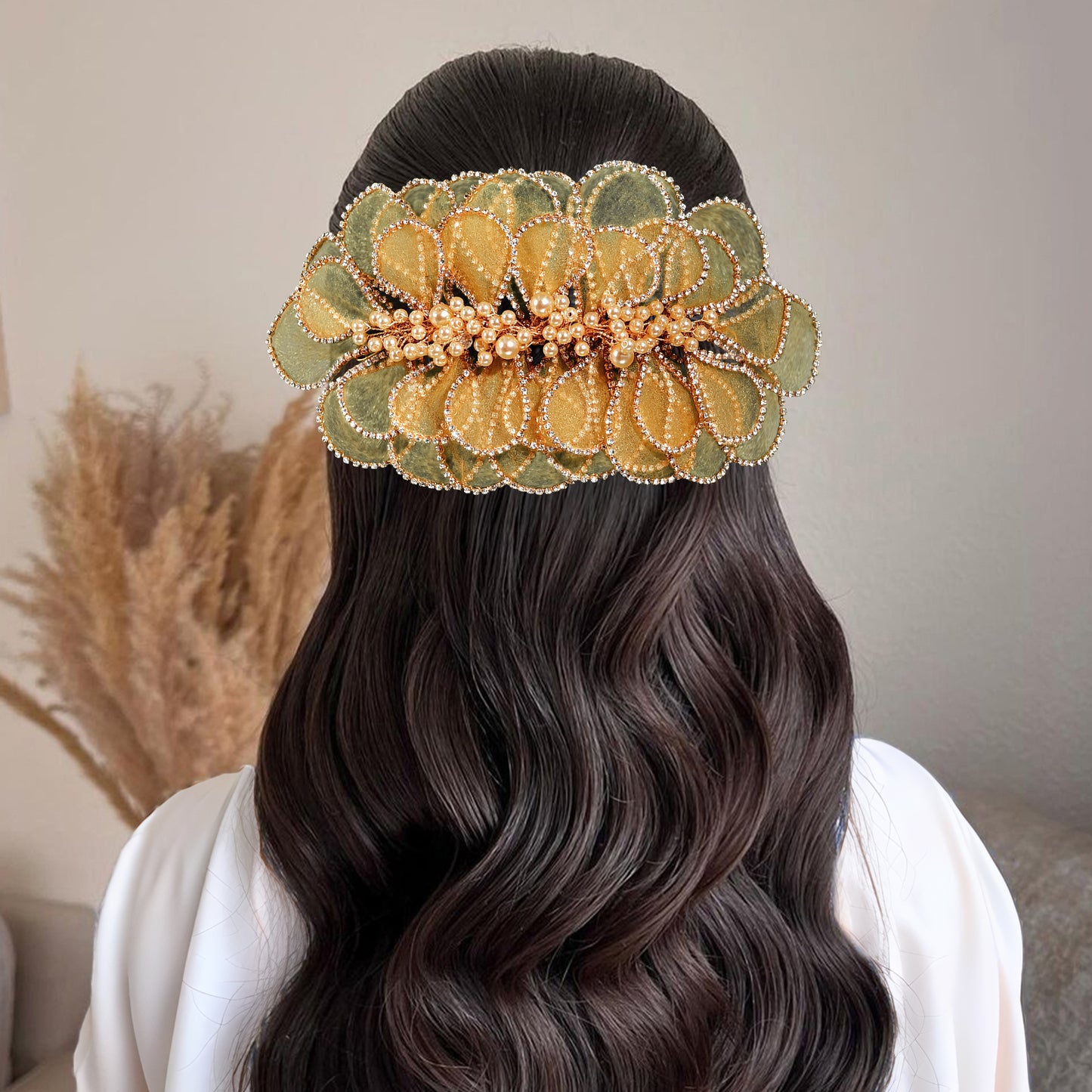 BRIDELLA BHP681 Handmade Mesh Flower Headband Women Gold Color Pearl Headwear Hair Accessories Rhinestone Wedding Headdress