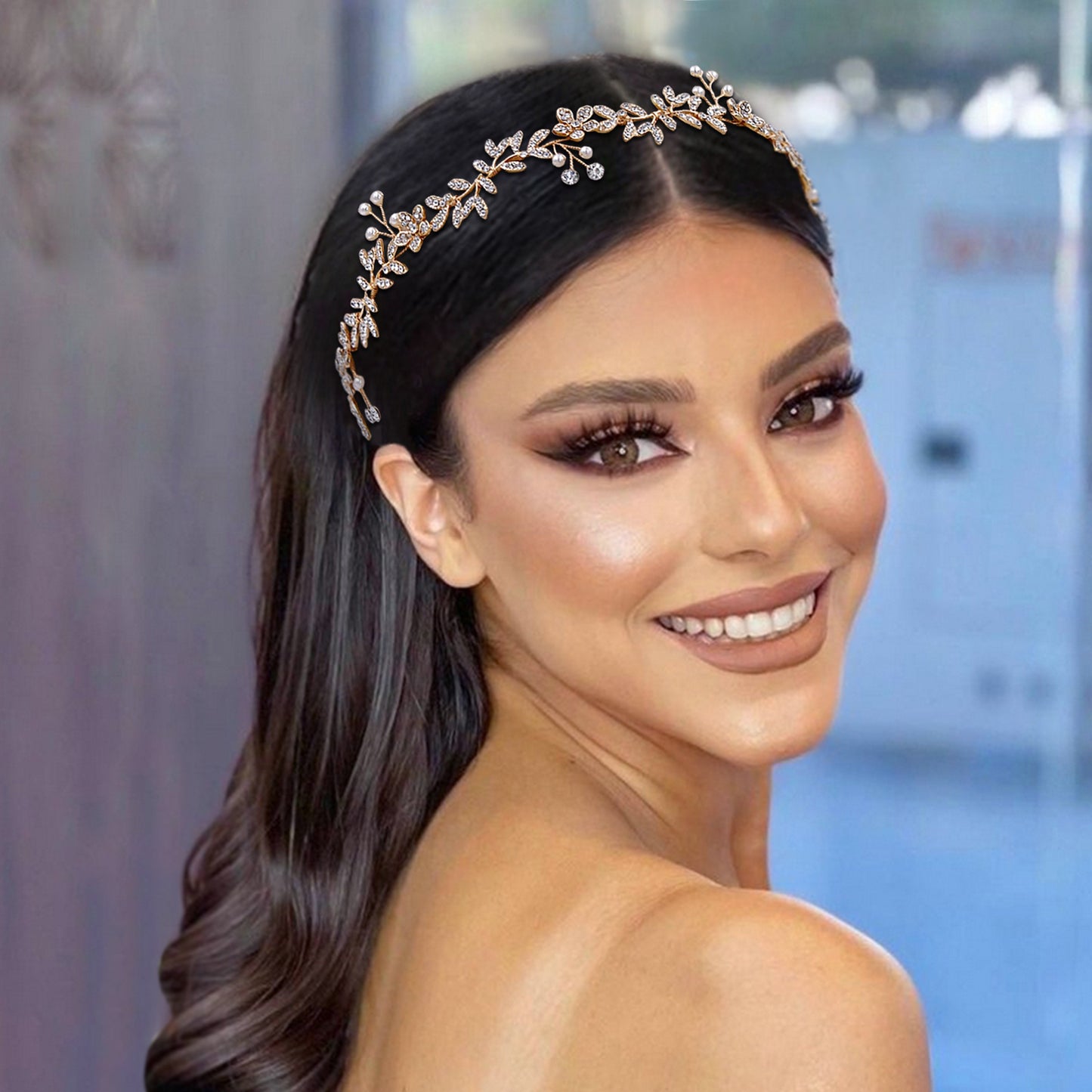 BRIDELLA BHP89 Golden Color Wedding Headband Alloy Leaf Pearl Bridal Headpiece Woman Hair Accessories Bridesmaid Headdress