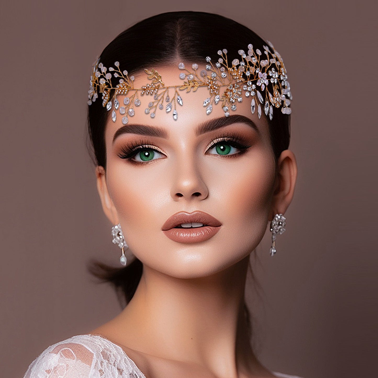 BRIDELLA BHP235 Handmade Gold Daydreaming Diamond Studded Bridal Headband with Crystal Beads Wedding Hair Accessories with Ribbons High-end Bridal Hair Accessories