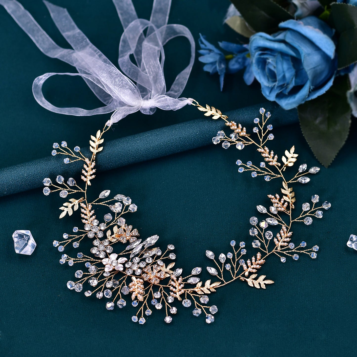 BRIDELLA BHP235 Handmade Gold Daydreaming Diamond Studded Bridal Headband with Crystal Beads Wedding Hair Accessories with Ribbons High-end Bridal Hair Accessories