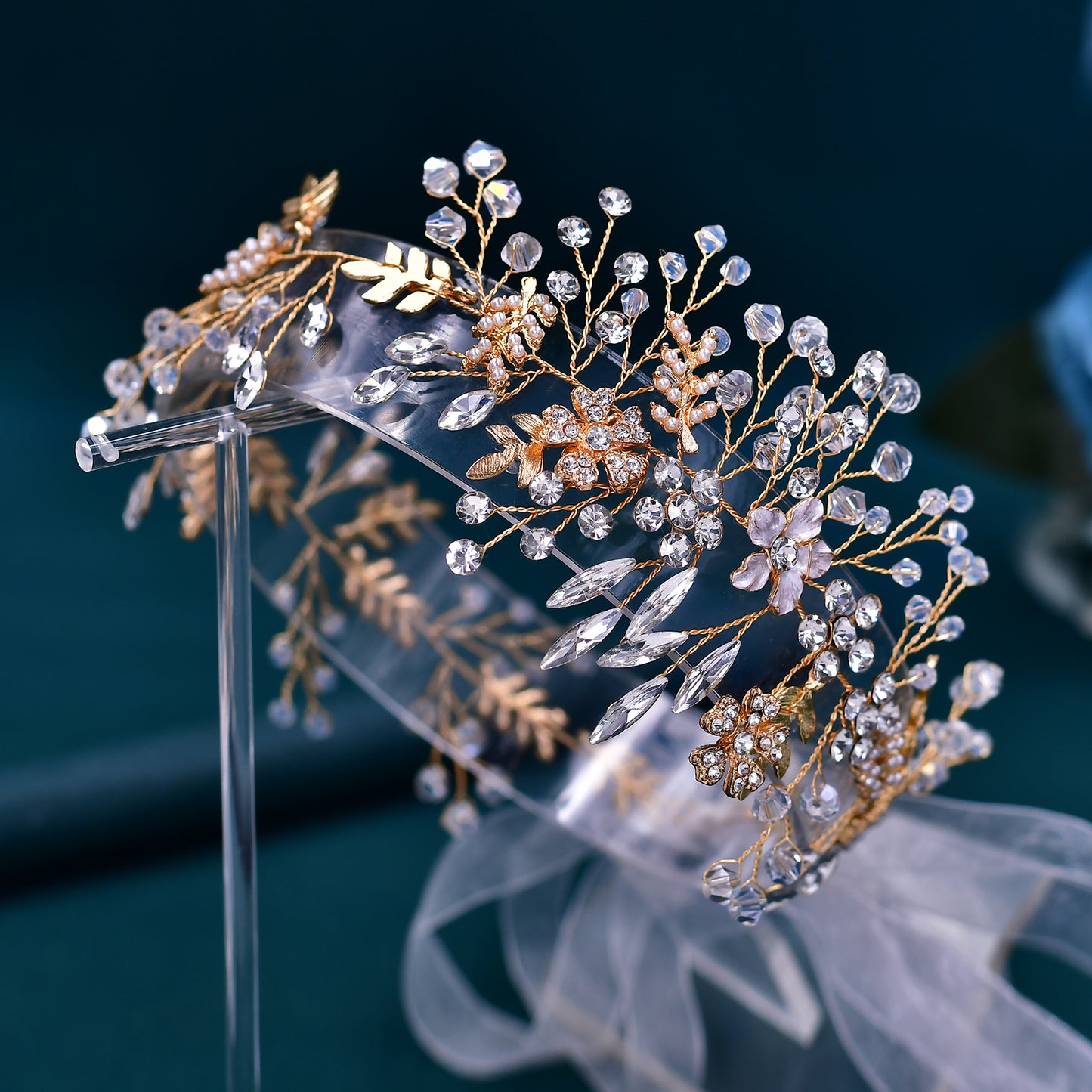 BRIDELLA BHP235 Handmade Gold Daydreaming Diamond Studded Bridal Headband with Crystal Beads Wedding Hair Accessories with Ribbons High-end Bridal Hair Accessories