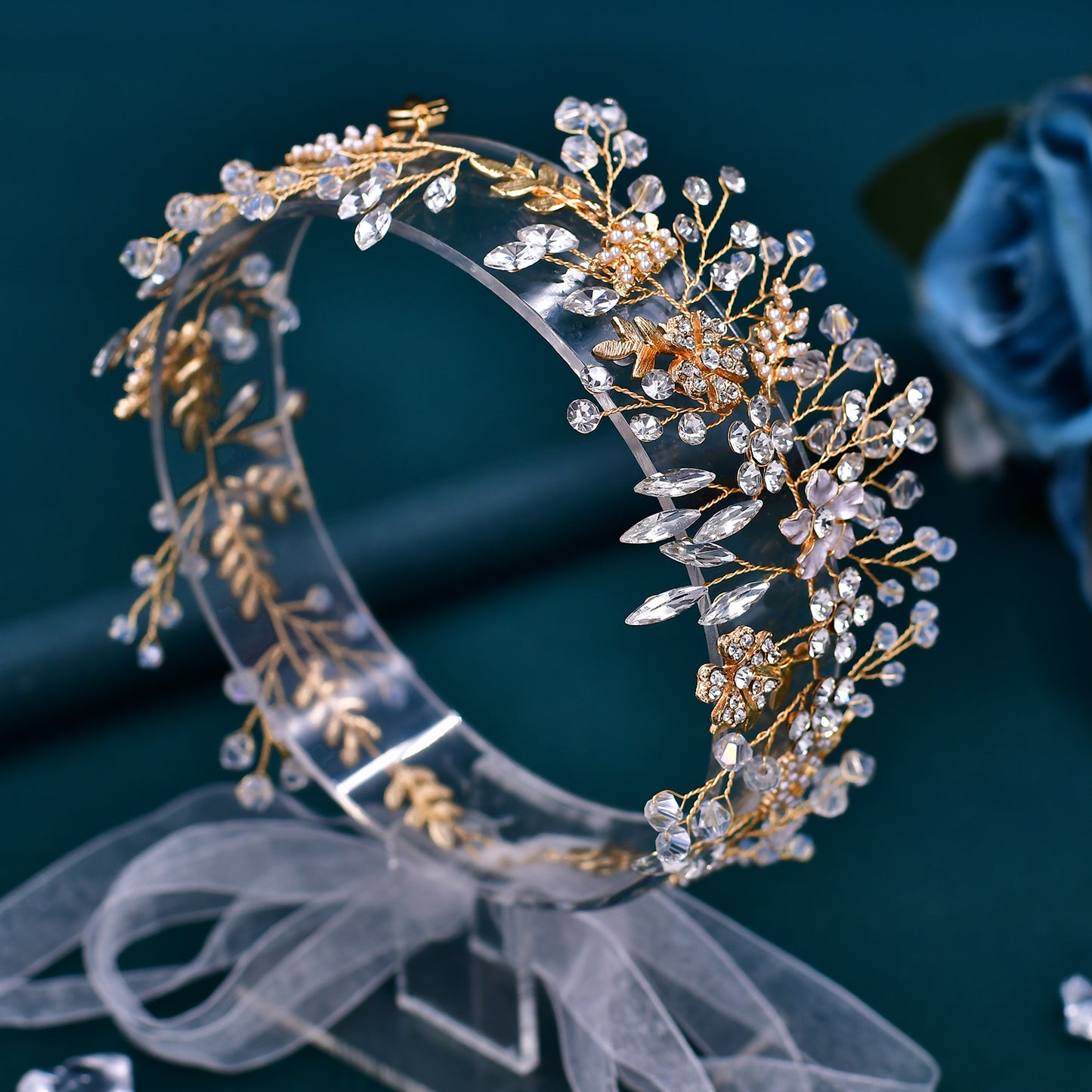 BRIDELLA BHP235 Handmade Gold Daydreaming Diamond Studded Bridal Headband with Crystal Beads Wedding Hair Accessories with Ribbons High-end Bridal Hair Accessories