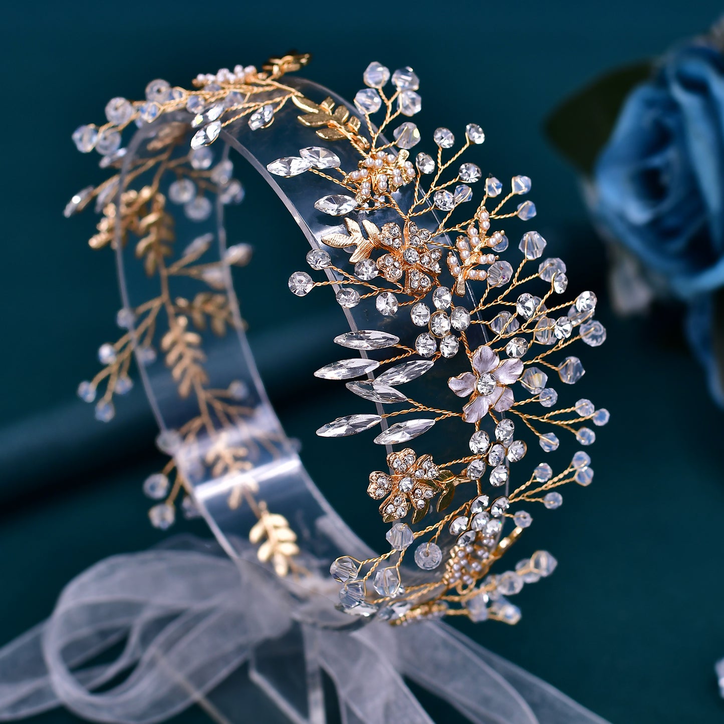 BRIDELLA BHP235 Handmade Gold Daydreaming Diamond Studded Bridal Headband with Crystal Beads Wedding Hair Accessories with Ribbons High-end Bridal Hair Accessories