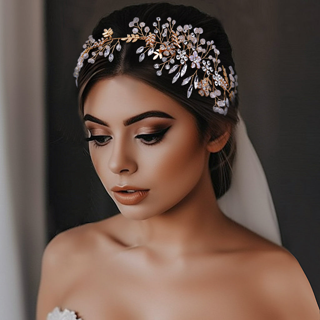 BRIDELLA BHP235 Handmade Gold Daydreaming Diamond Studded Bridal Headband with Crystal Beads Wedding Hair Accessories with Ribbons High-end Bridal Hair Accessories