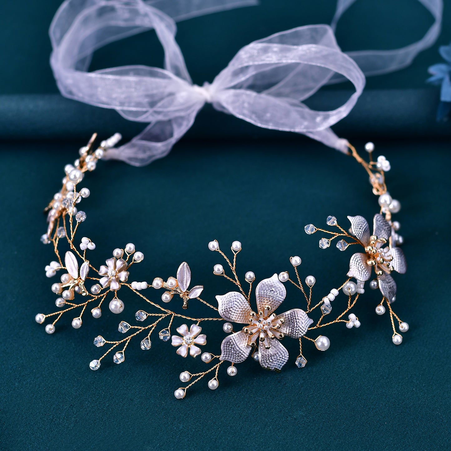 BRIDELLA BHP357 Bride Flower Hair Band Golden Color Wedding Headband Bling Crystal Hair Accessories Women Party Handmade Headwear