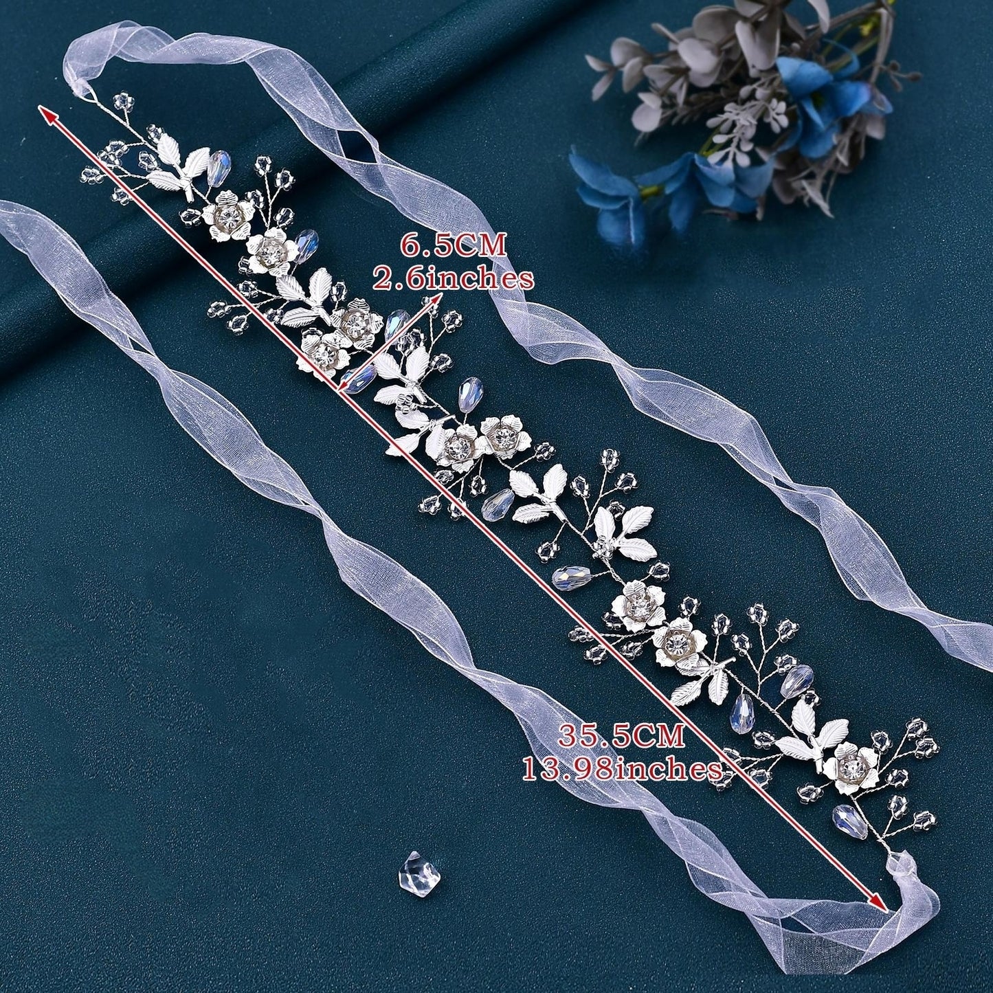 BRIDELLA BHP350 Handmade Wide Headband withAlloy LeavesF lowers Ribbons Wedding Hair Accessories Diamond Studded Bridal Headpieces High-end Wedding Accessories