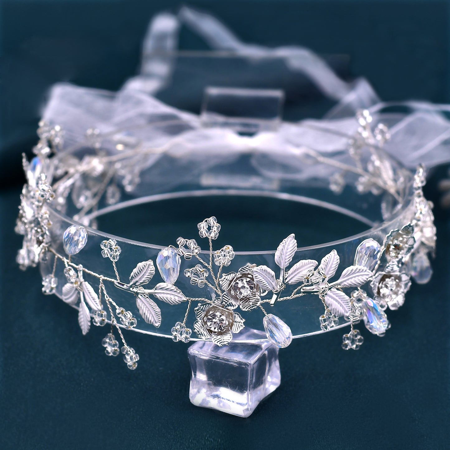 BRIDELLA BHP350 Handmade Wide Headband withAlloy LeavesF lowers Ribbons Wedding Hair Accessories Diamond Studded Bridal Headpieces High-end Wedding Accessories