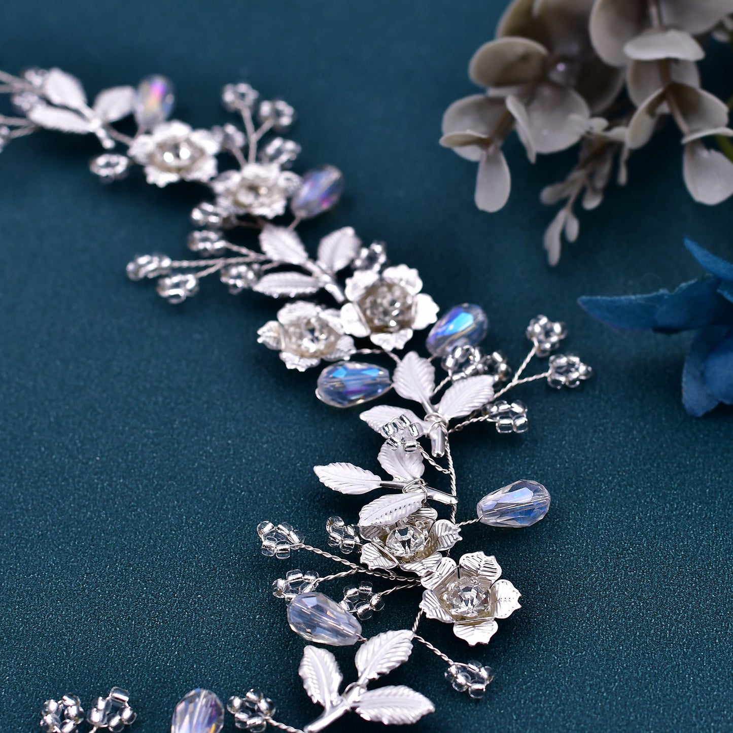 BRIDELLA BHP350 Handmade Wide Headband withAlloy LeavesF lowers Ribbons Wedding Hair Accessories Diamond Studded Bridal Headpieces High-end Wedding Accessories