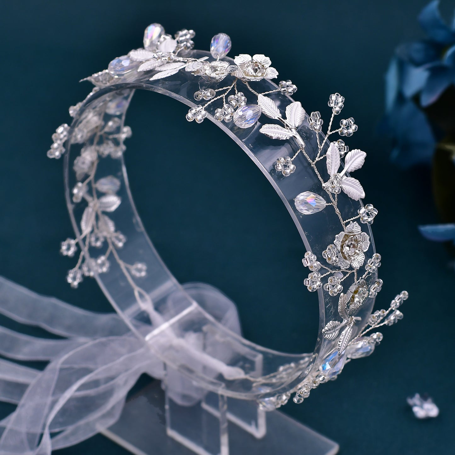 BRIDELLA BHP350 Handmade Wide Headband withAlloy LeavesF lowers Ribbons Wedding Hair Accessories Diamond Studded Bridal Headpieces High-end Wedding Accessories