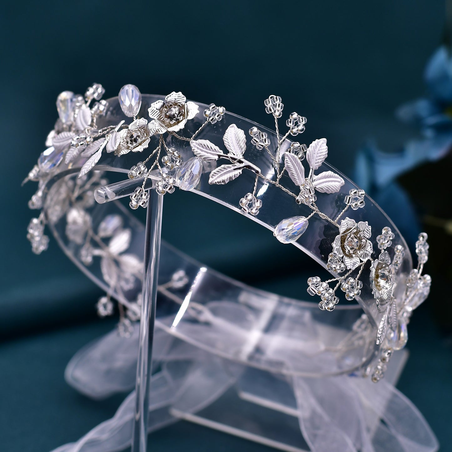 BRIDELLA BHP350 Handmade Wide Headband withAlloy LeavesF lowers Ribbons Wedding Hair Accessories Diamond Studded Bridal Headpieces High-end Wedding Accessories