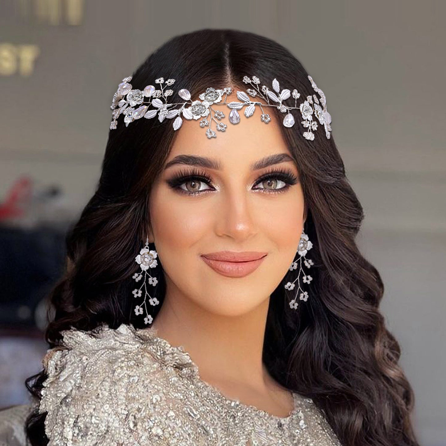 BRIDELLA BHP350 Handmade Wide Headband withAlloy LeavesF lowers Ribbons Wedding Hair Accessories Diamond Studded Bridal Headpieces High-end Wedding Accessories
