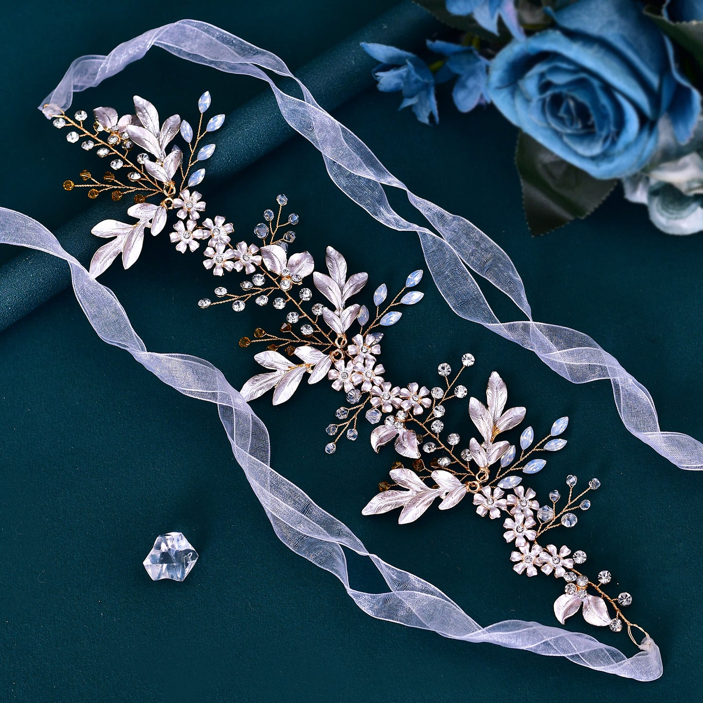 BRIDELLA BHP278 Handmade Gold Daydreaming Diamond Studded Bridal Headband with Crystal Beads Wedding Hair Accessories with Ribbons High-end Bridal Hair Accessories
