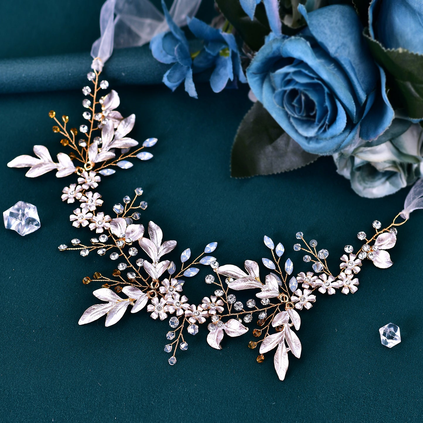 BRIDELLA BHP278 Handmade Gold Daydreaming Diamond Studded Bridal Headband with Crystal Beads Wedding Hair Accessories with Ribbons High-end Bridal Hair Accessories