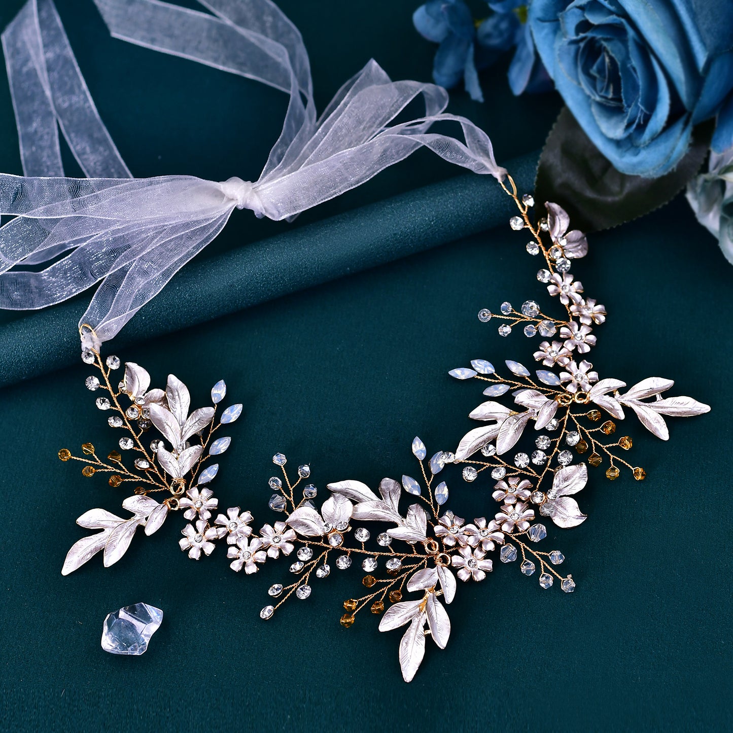 BRIDELLA BHP278 Handmade Gold Daydreaming Diamond Studded Bridal Headband with Crystal Beads Wedding Hair Accessories with Ribbons High-end Bridal Hair Accessories