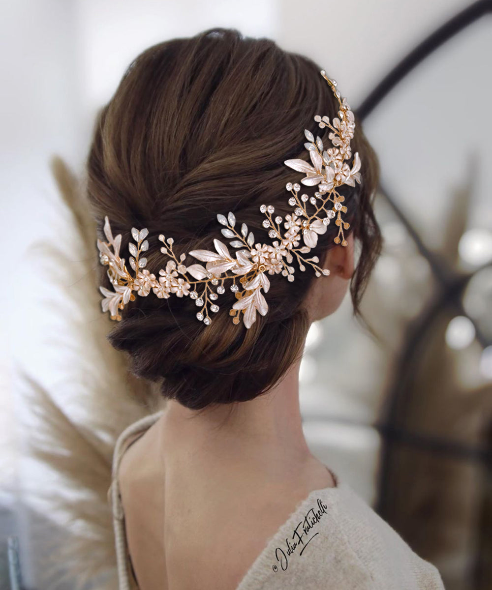 BRIDELLA BHP278 Handmade Gold Daydreaming Diamond Studded Bridal Headband with Crystal Beads Wedding Hair Accessories with Ribbons High-end Bridal Hair Accessories