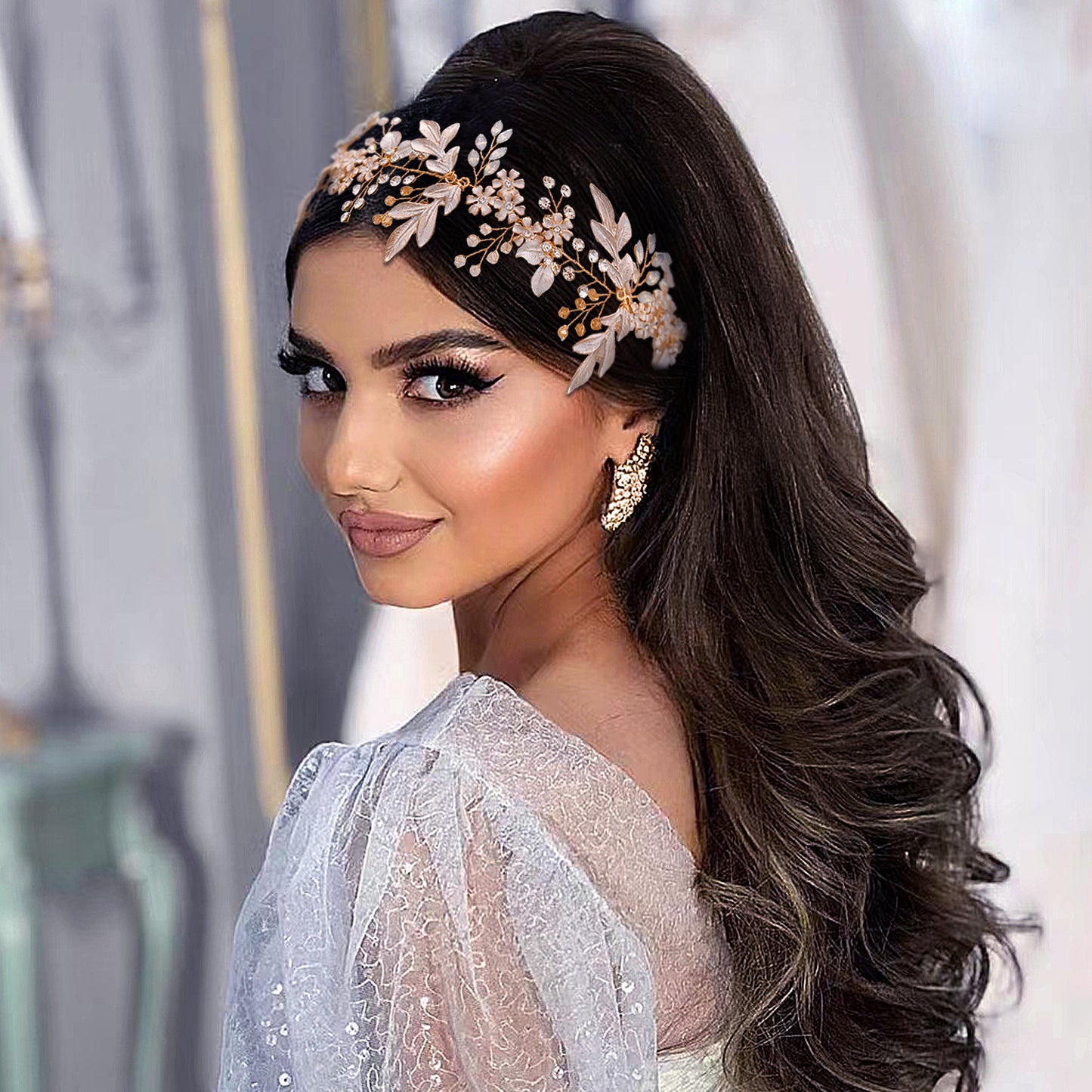 BRIDELLA BHP278 Handmade Gold Daydreaming Diamond Studded Bridal Headband with Crystal Beads Wedding Hair Accessories with Ribbons High-end Bridal Hair Accessories