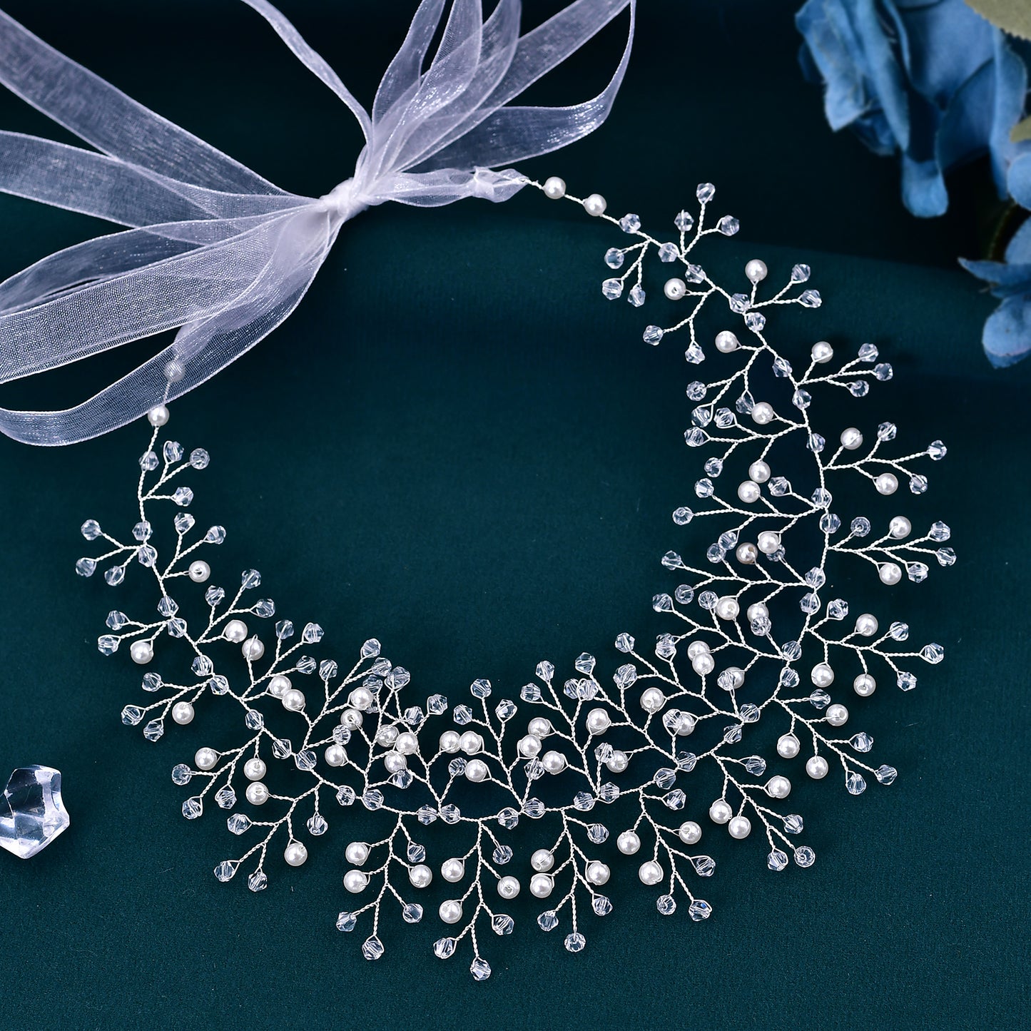 BRIDELLA BHP55 Pearl Crystal Bridal Headband Wedding Headpiece for Woman Handmade Brides Tiara Pageant Headdress Girls Hair Piece