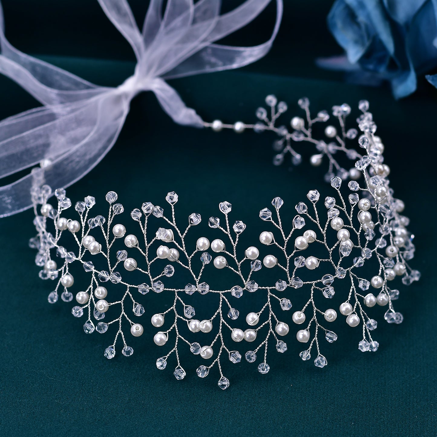 BRIDELLA BHP55 Pearl Crystal Bridal Headband Wedding Headpiece for Woman Handmade Brides Tiara Pageant Headdress Girls Hair Piece