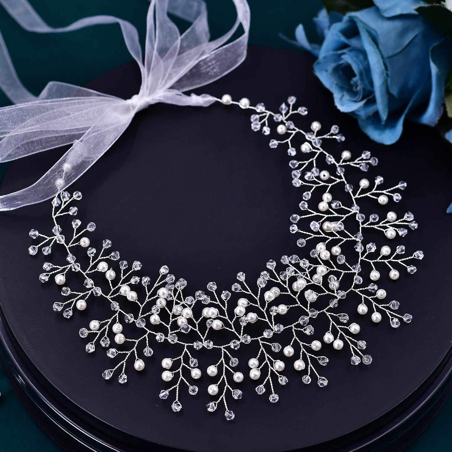 BRIDELLA BHP55 Pearl Crystal Bridal Headband Wedding Headpiece for Woman Handmade Brides Tiara Pageant Headdress Girls Hair Piece