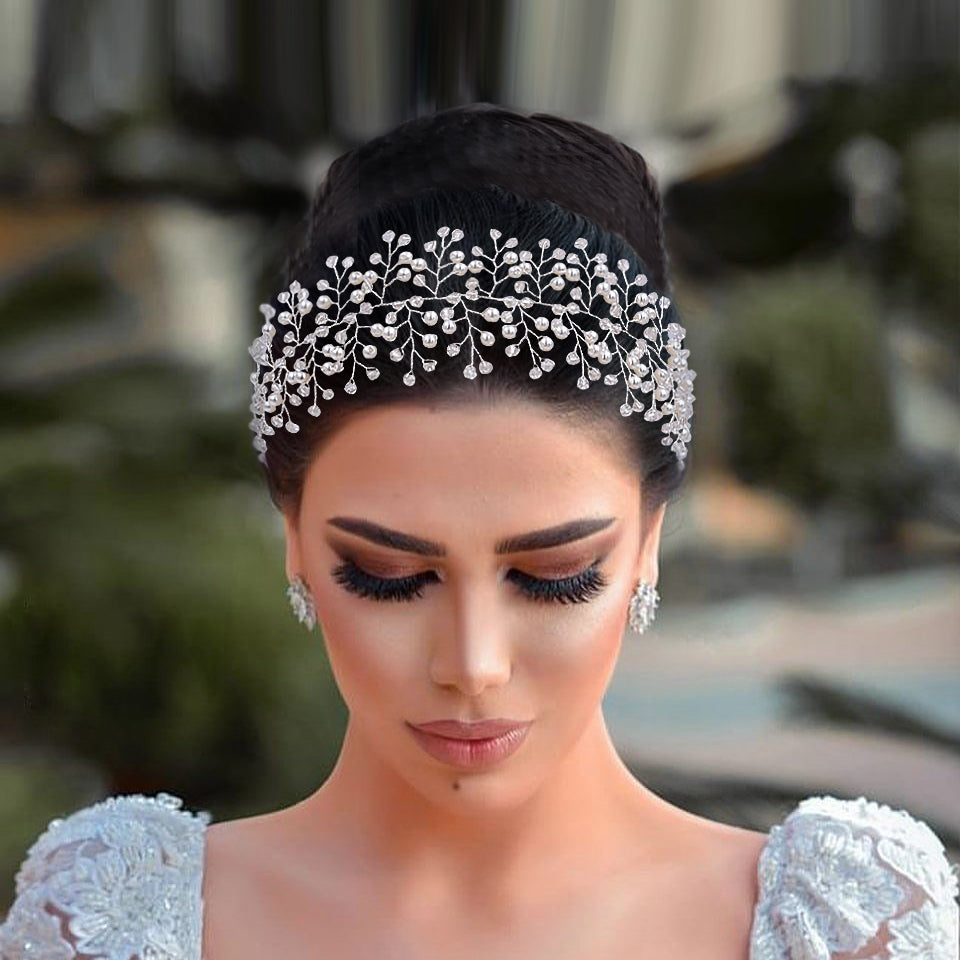 BRIDELLA BHP55 Pearl Crystal Bridal Headband Wedding Headpiece for Woman Handmade Brides Tiara Pageant Headdress Girls Hair Piece