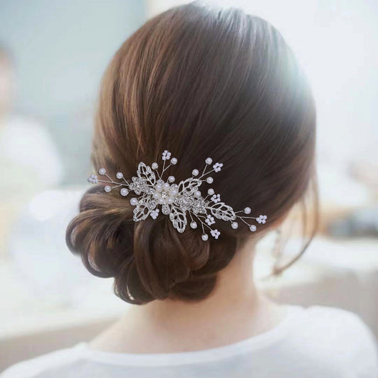 BHP342-S silver rhinestone pearl hair comb