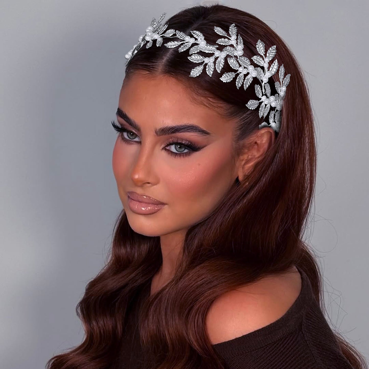BRIDELLA BHP353 Wedding Bridal Headband Alloy Leaf Pearl Headpiece Multi Colored Handmade Hair Accessories Banquet Party Hairwear Ribbon