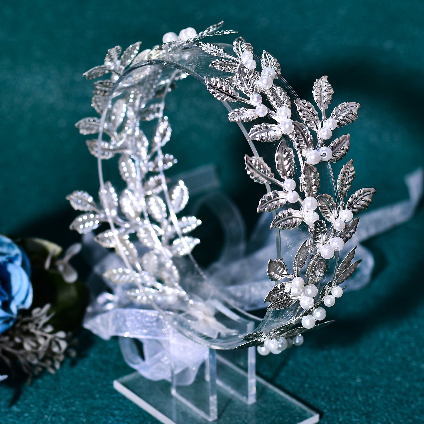 BRIDELLA BHP353 Wedding Bridal Headband Alloy Leaf Pearl Headpiece Multi Colored Handmade Hair Accessories Banquet Party Hairwear Ribbon