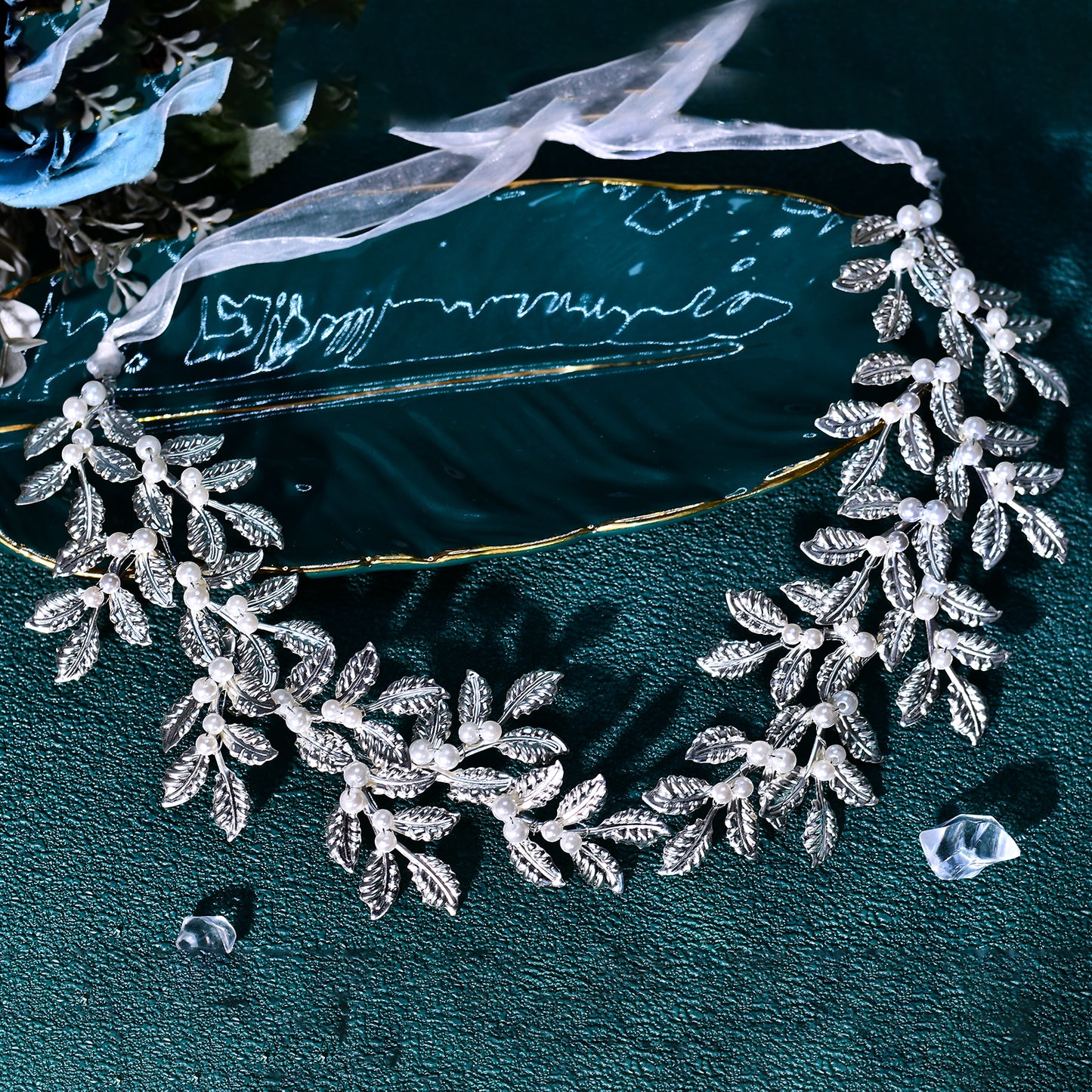 BRIDELLA BHP353 Wedding Bridal Headband Alloy Leaf Pearl Headpiece Multi Colored Handmade Hair Accessories Banquet Party Hairwear Ribbon
