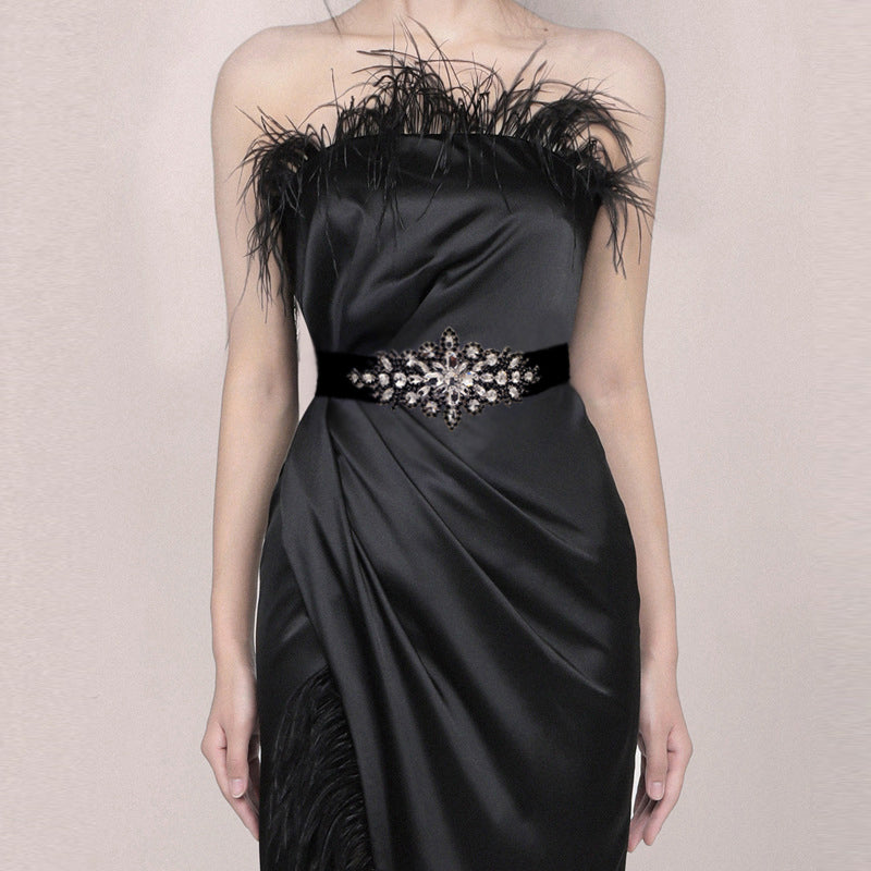 BRIDELLA BS01B Party Dress Belt with Diamond Decoration and Black Ribbon