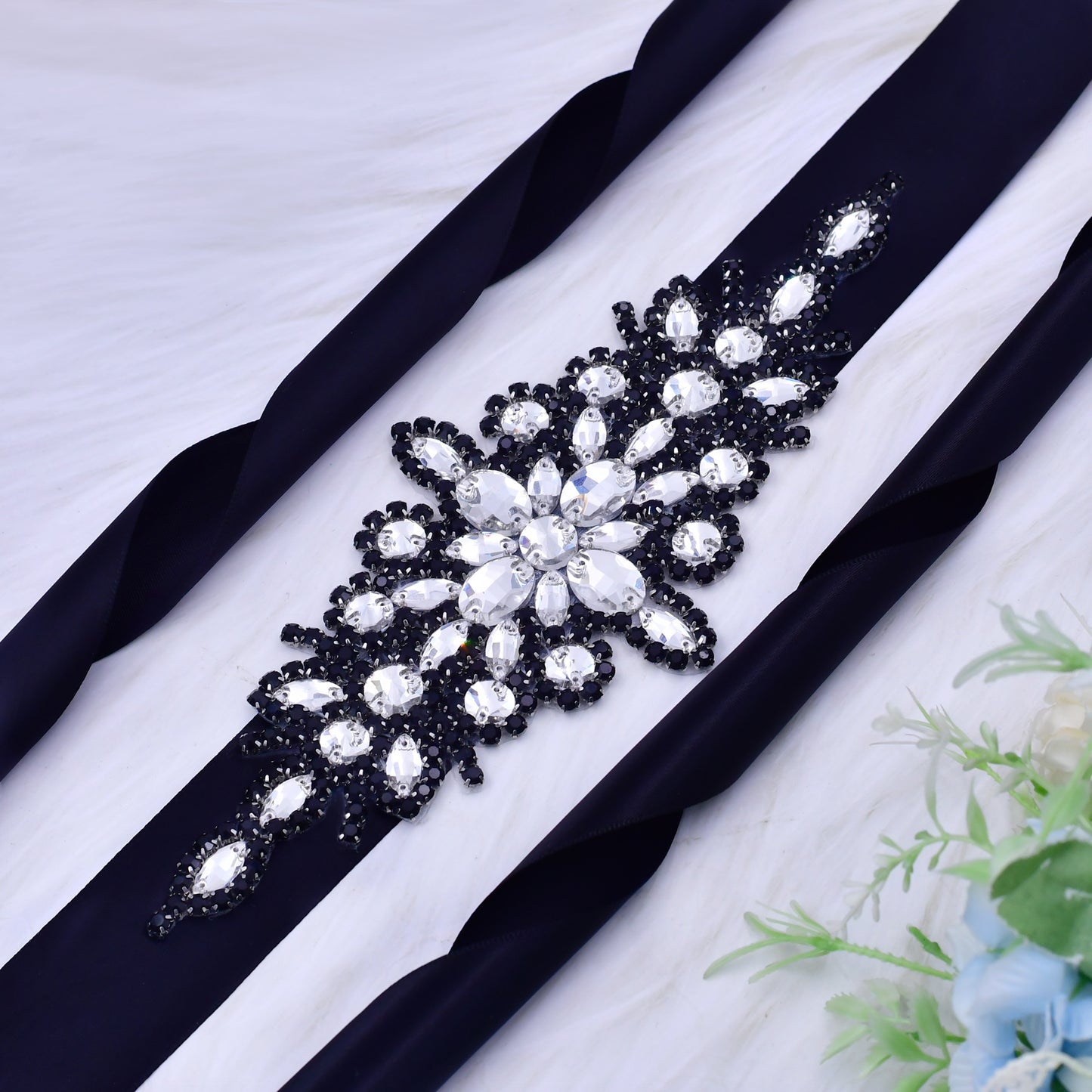 BRIDELLA BS01B Party Dress Belt with Diamond Decoration and Black Ribbon