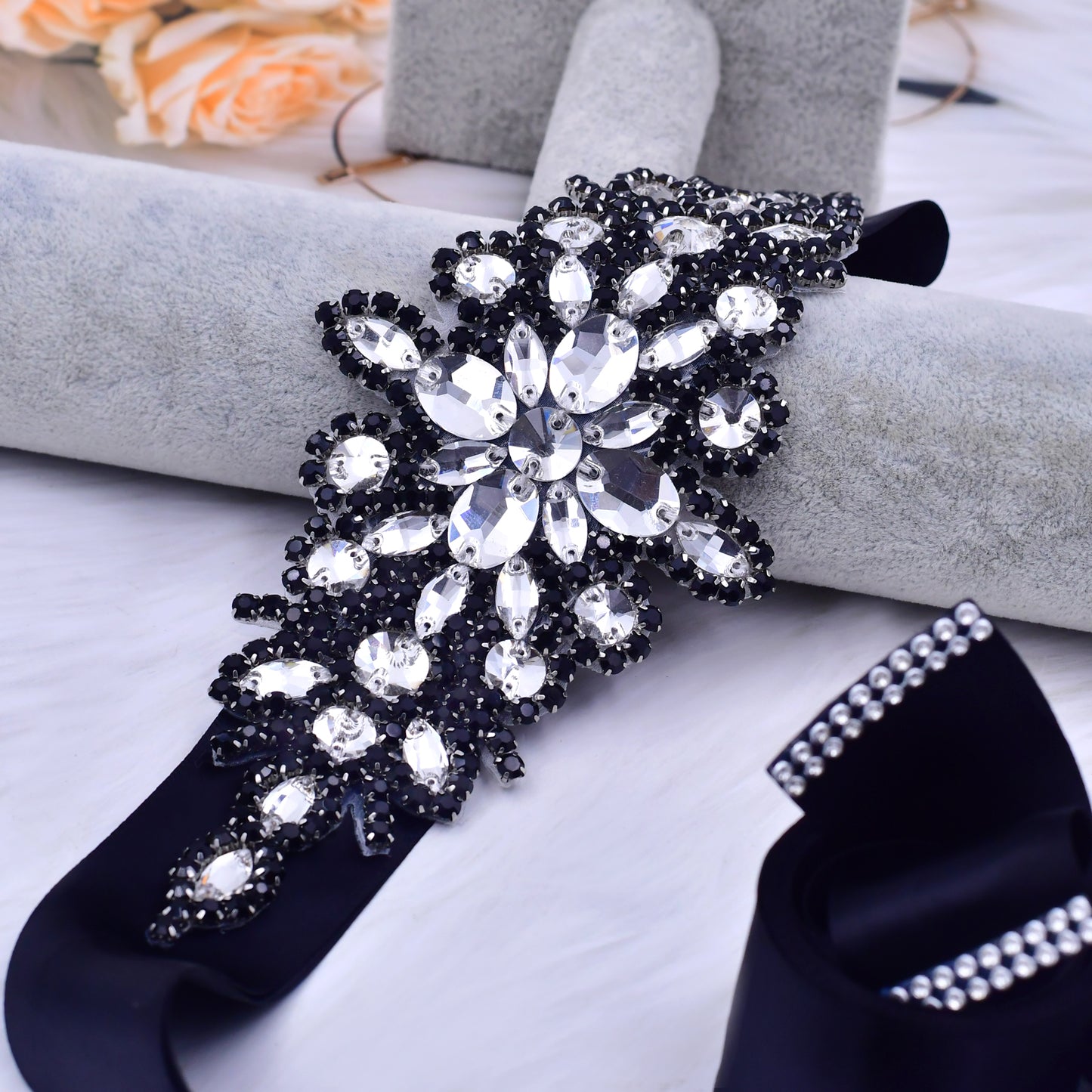 BRIDELLA BS01B Party Dress Belt with Diamond Decoration and Black Ribbon