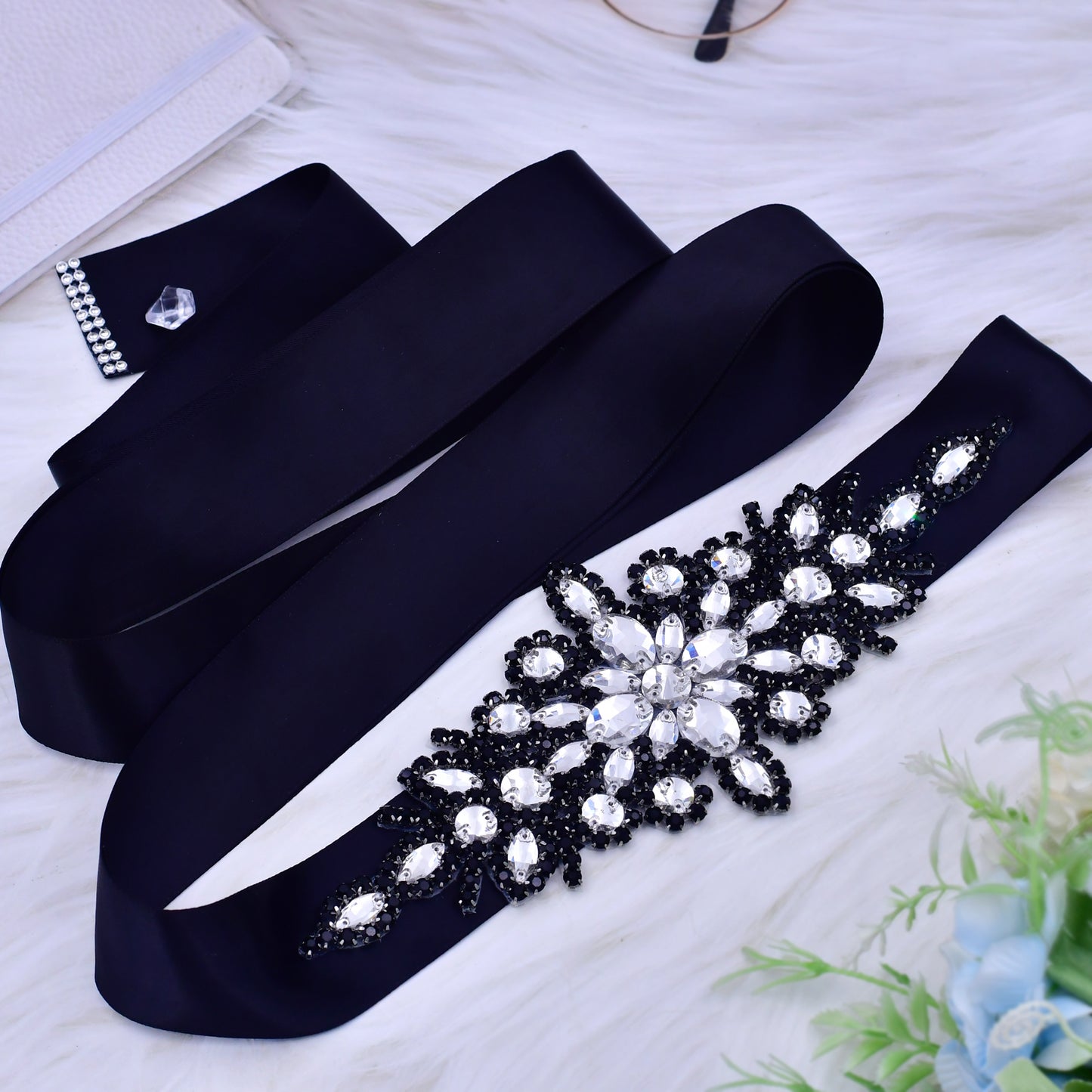 BRIDELLA BS01B Party Dress Belt with Diamond Decoration and Black Ribbon