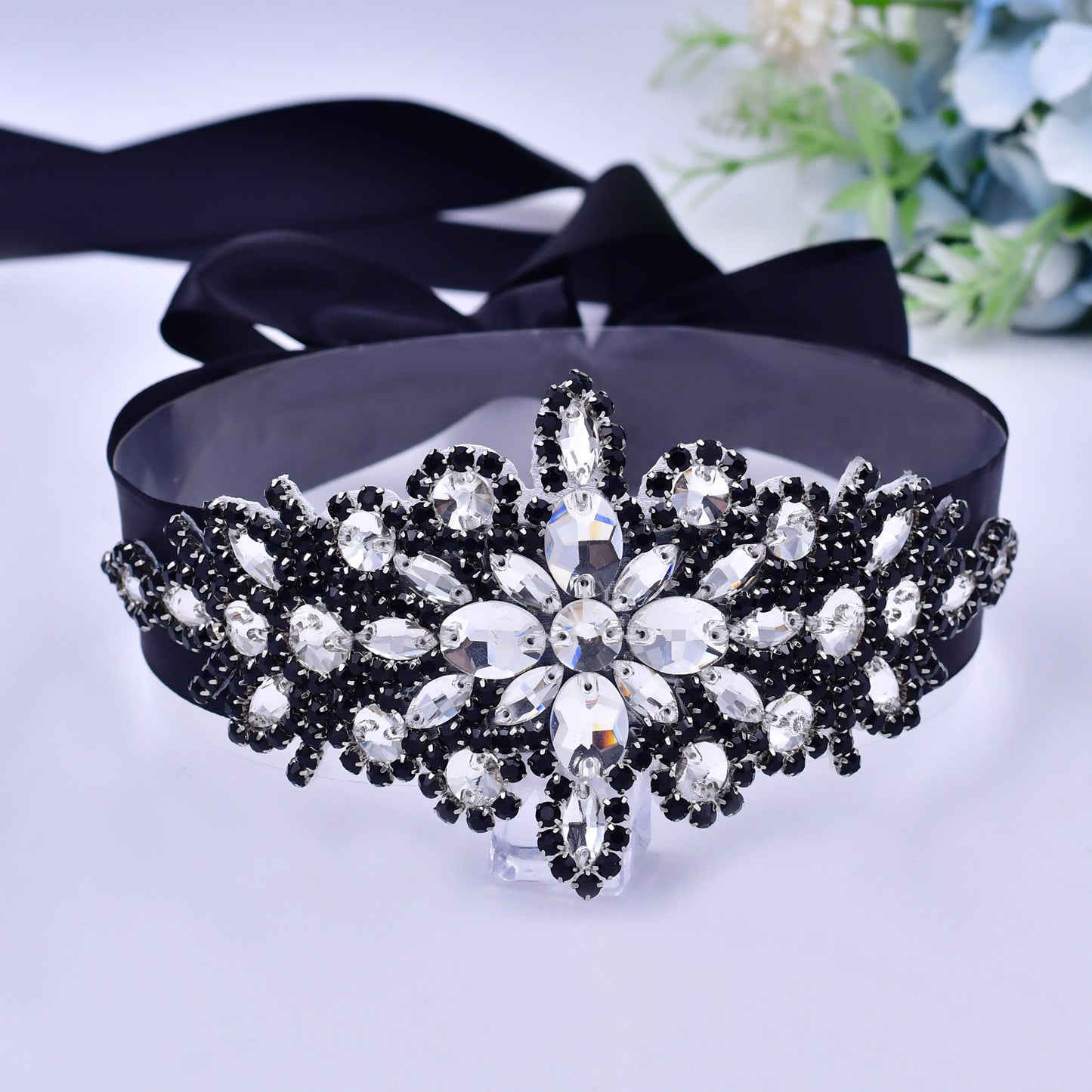 BRIDELLA BS01B Party Dress Belt with Diamond Decoration and Black Ribbon