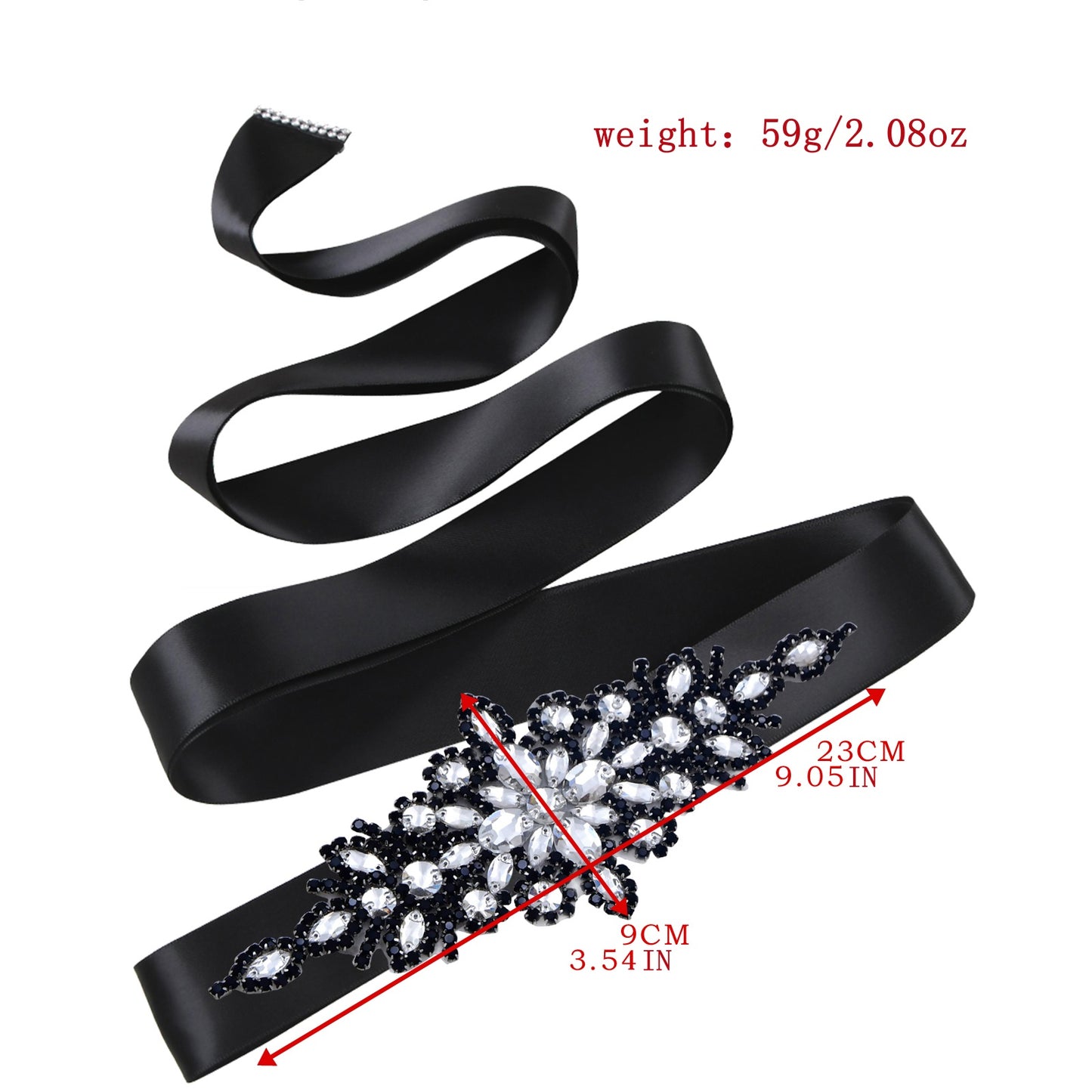 BRIDELLA BS01B Party Dress Belt with Diamond Decoration and Black Ribbon