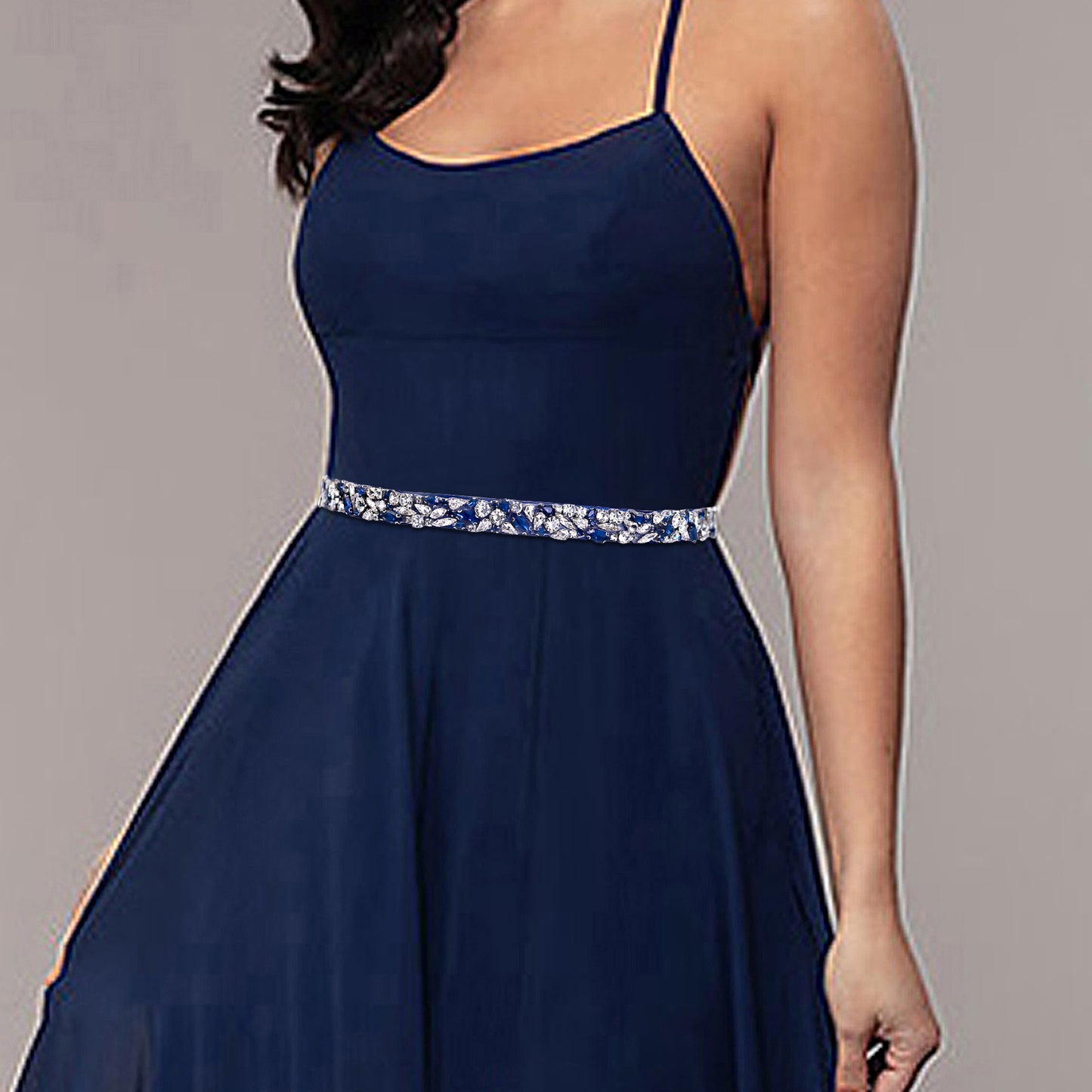 BRIDELLA BS85ML Dress Belt Rhinestone Wedding Belt Dark Blue Belt