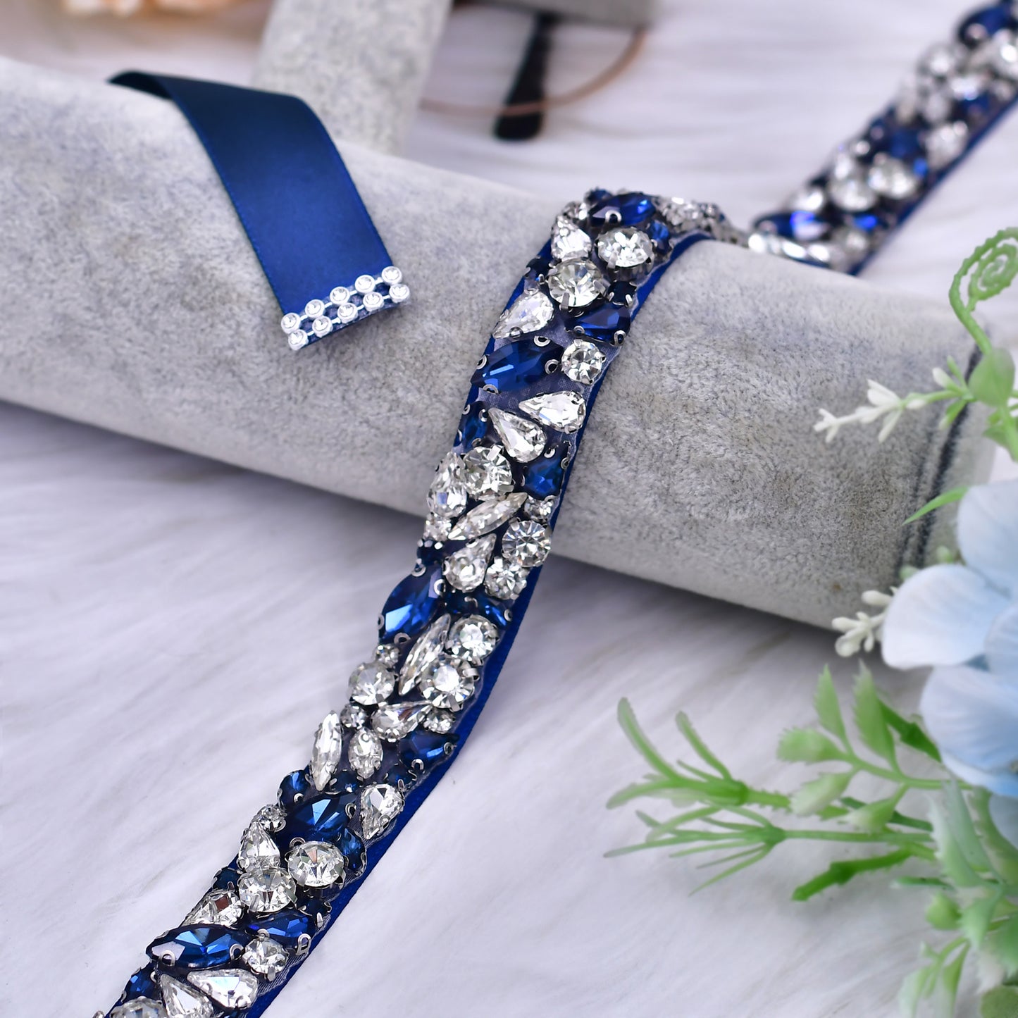 BRIDELLA BS85ML Dress Belt Rhinestone Wedding Belt Dark Blue Belt