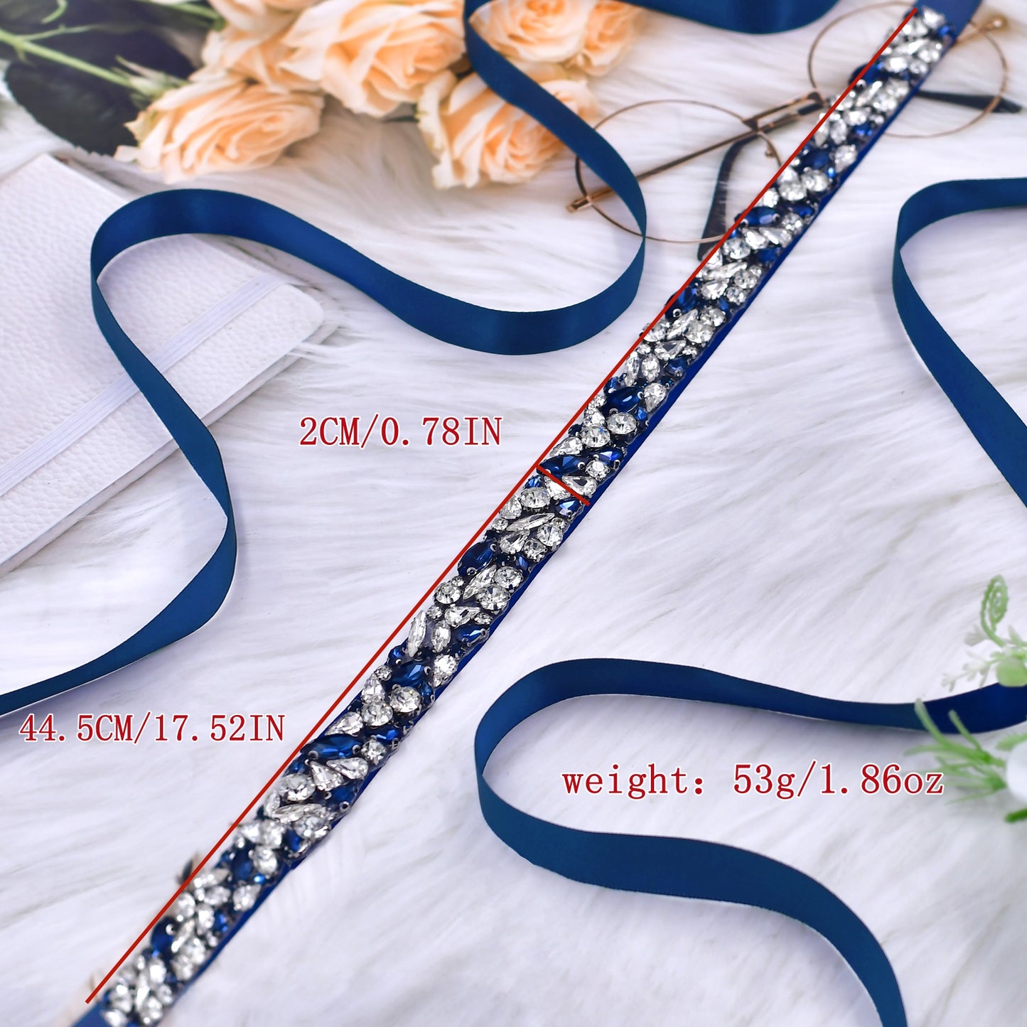 BRIDELLA BS85ML Dress Belt Rhinestone Wedding Belt Dark Blue Belt