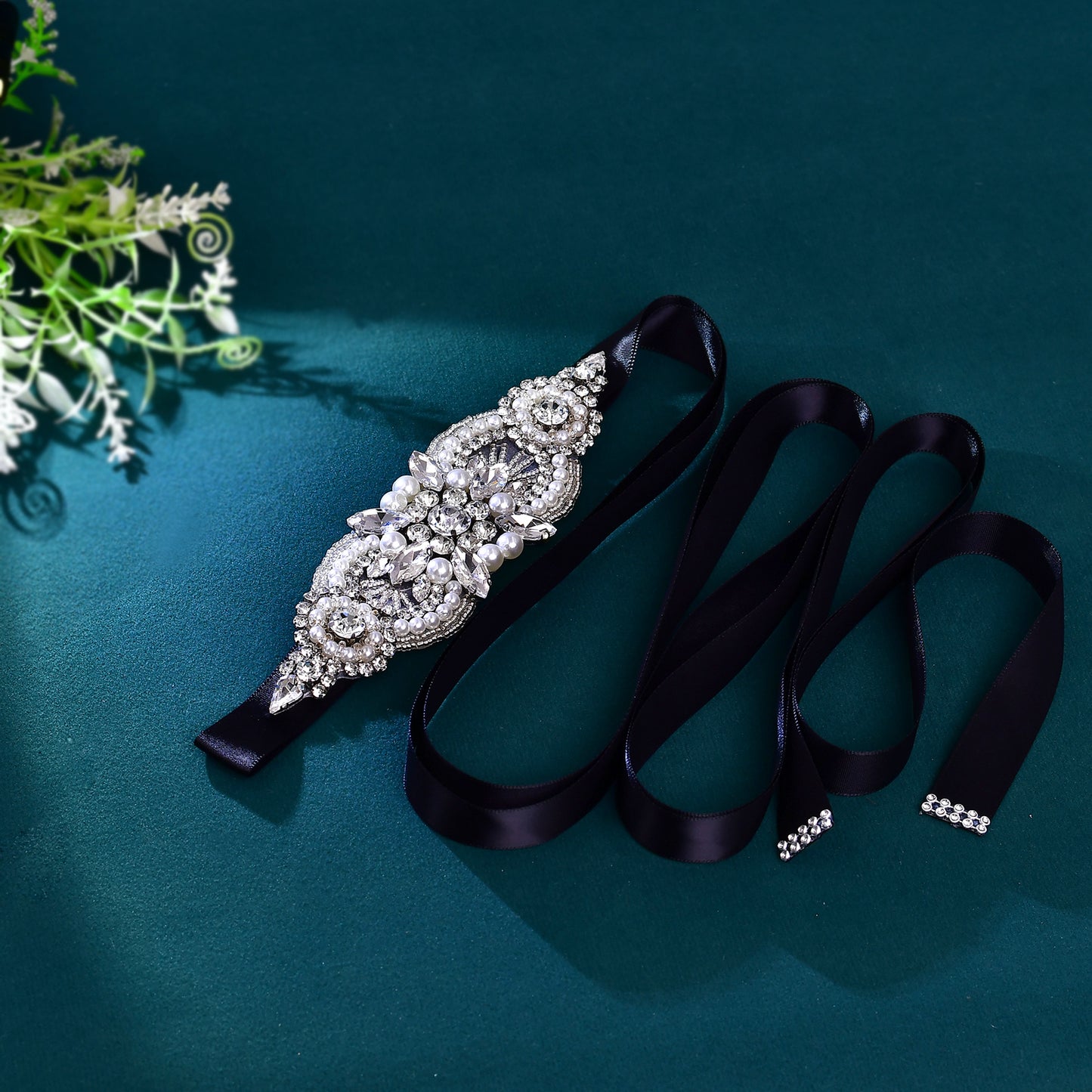BRIDELLA BS159 Vintage High-End Crystal Studded Diamond Black Satin Ribbon Womens Belt