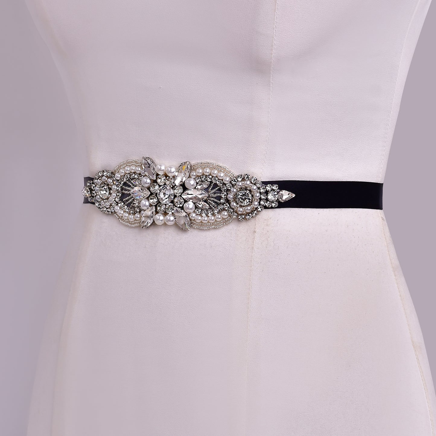 BRIDELLA BS159 Vintage High-End Crystal Studded Diamond Black Satin Ribbon Womens Belt