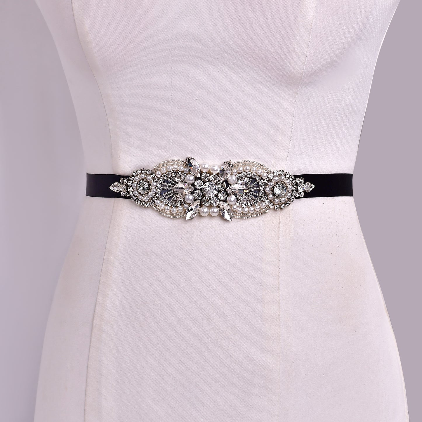 BRIDELLA BS159 Vintage High-End Crystal Studded Diamond Black Satin Ribbon Womens Belt