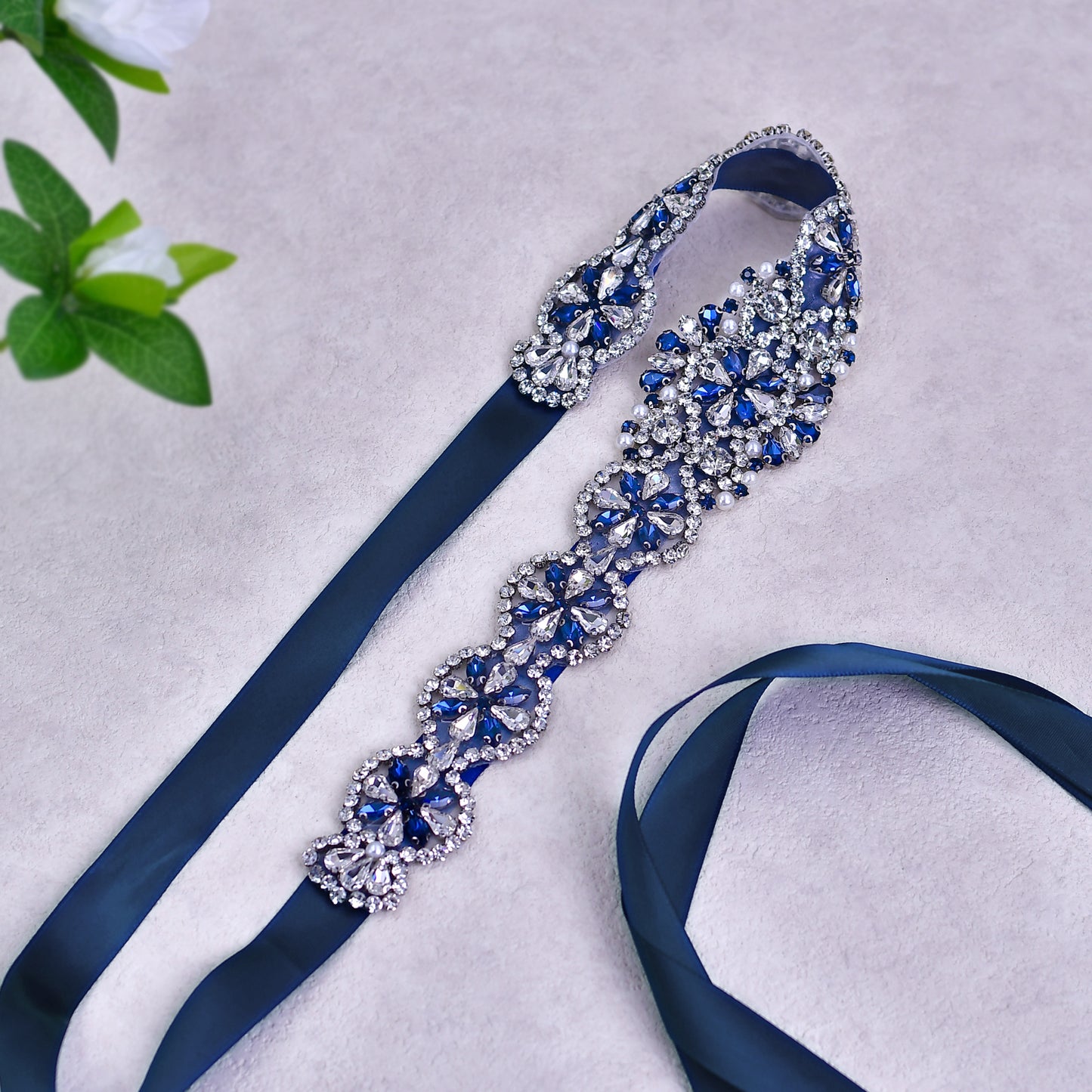 BRIDELLA BS161ML Classic Plus Size Girl Banquet Belt With Inlaid Navy Blue Rhinestones Pearl Strap Design