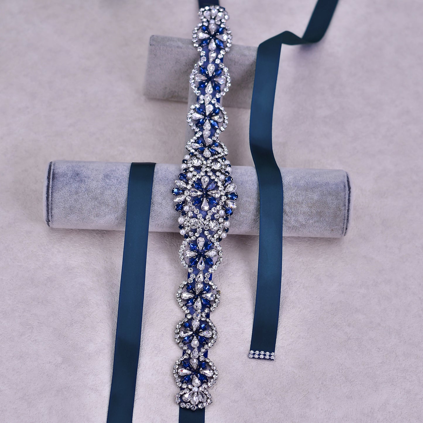 BRIDELLA BS161ML Classic Plus Size Girl Banquet Belt With Inlaid Navy Blue Rhinestones Pearl Strap Design