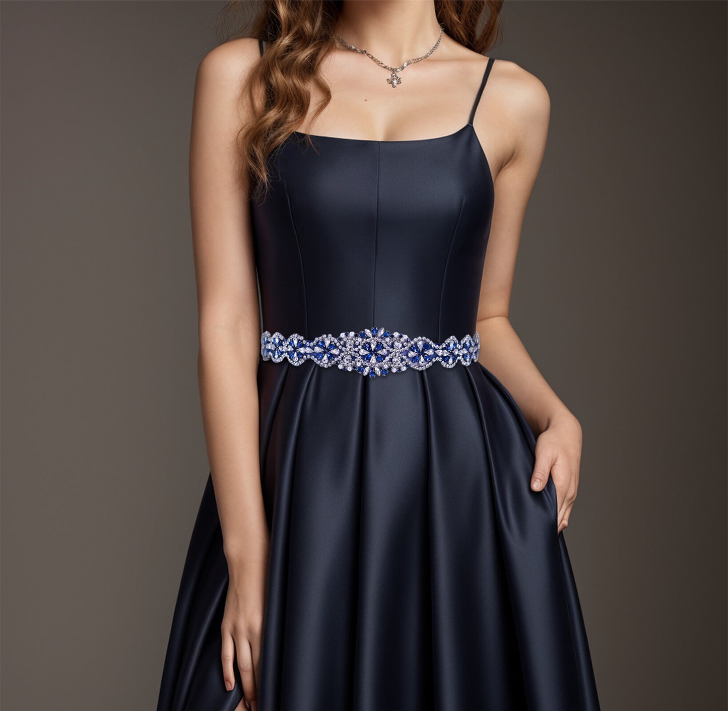BRIDELLA BS161ML Classic Plus Size Girl Banquet Belt With Inlaid Navy Blue Rhinestones Pearl Strap Design