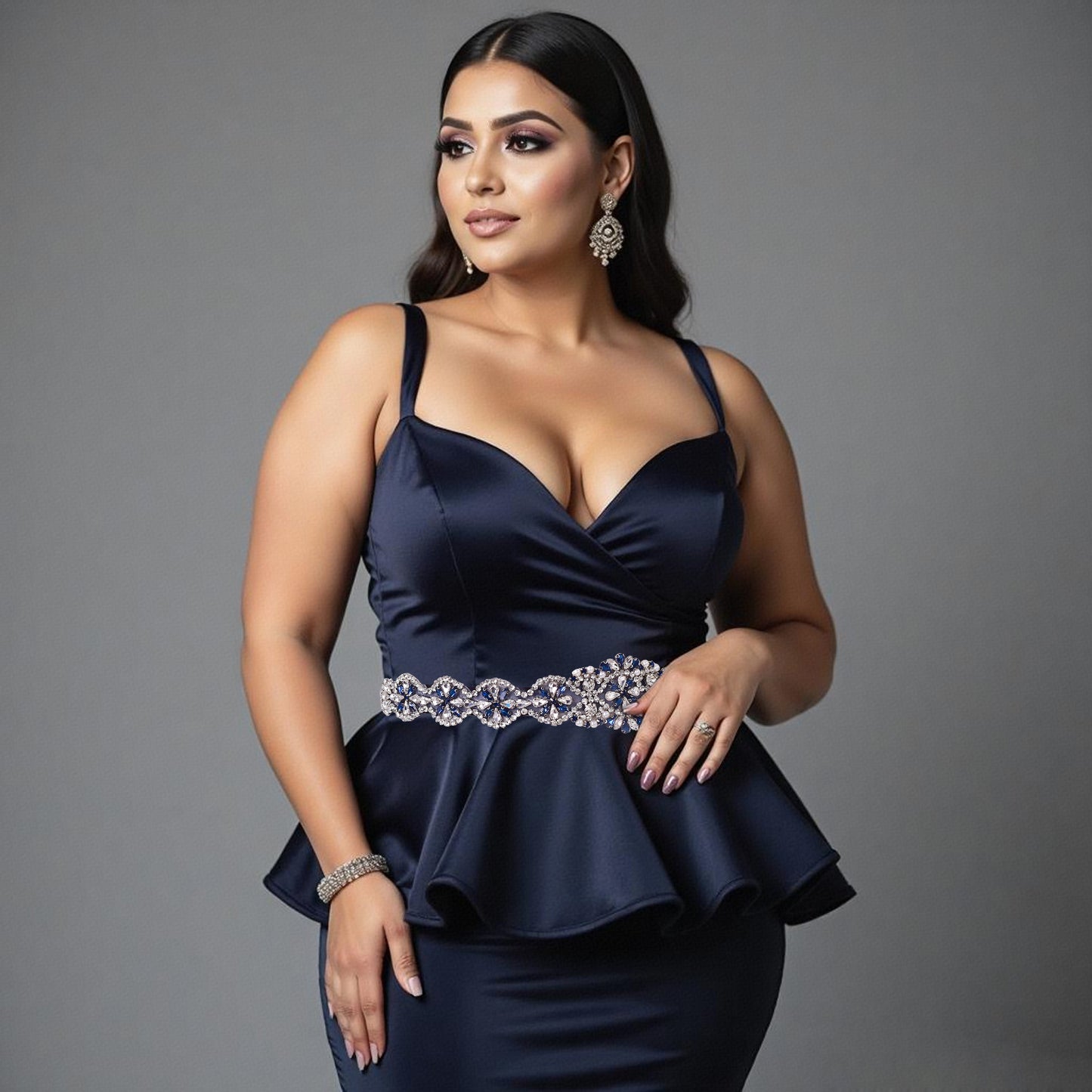 BRIDELLA BS161ML Classic Plus Size Girl Banquet Belt With Inlaid Navy Blue Rhinestones Pearl Strap Design