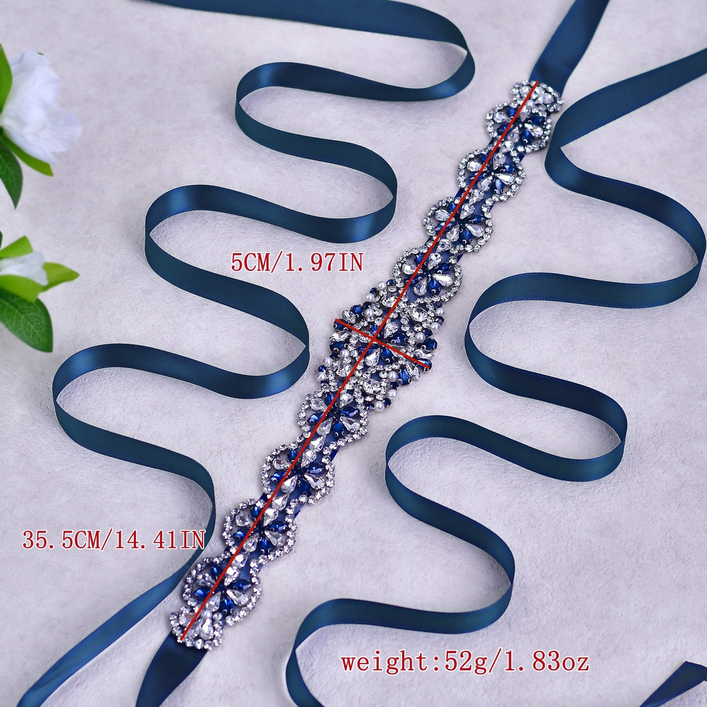BRIDELLA BS161ML Classic Plus Size Girl Banquet Belt With Inlaid Navy Blue Rhinestones Pearl Strap Design