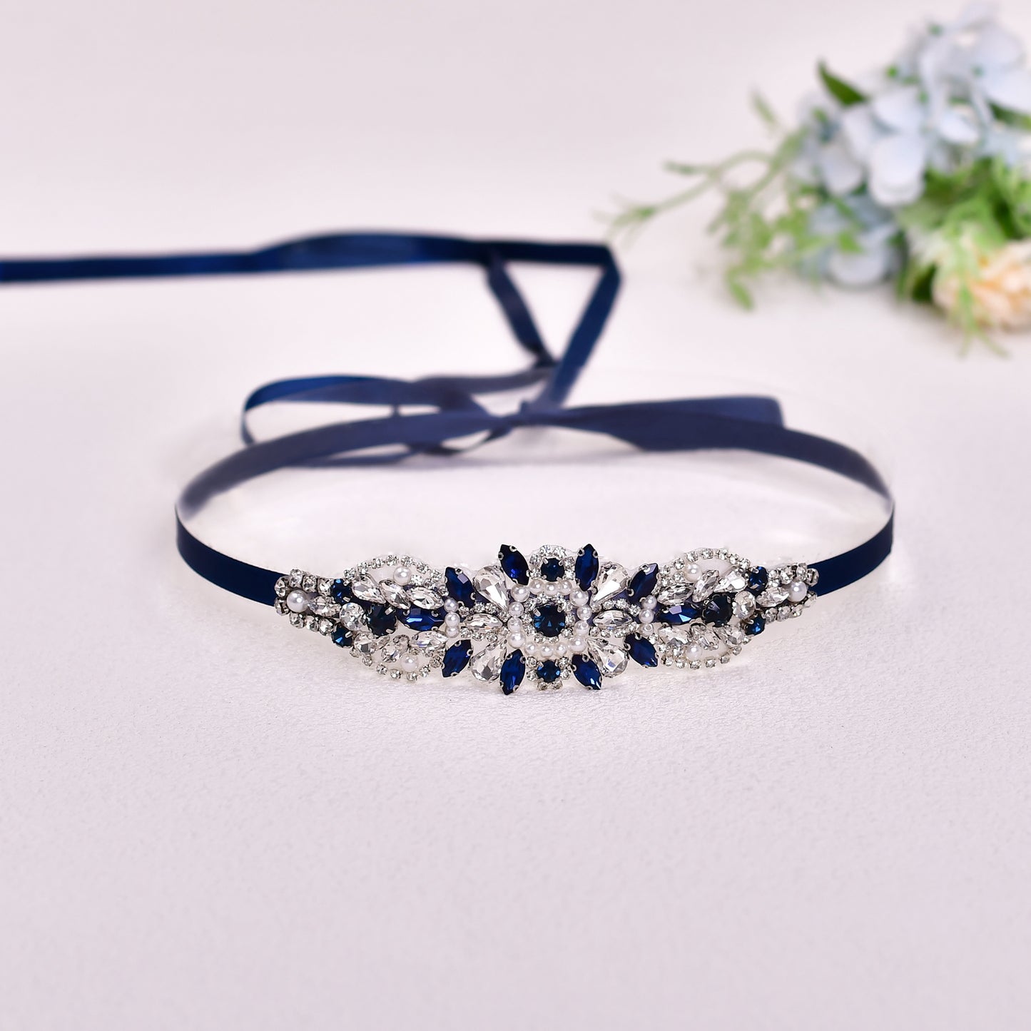 BRIDELLA BS188ML Wedding Belt Deep Blue Diamond Wedding Accessories