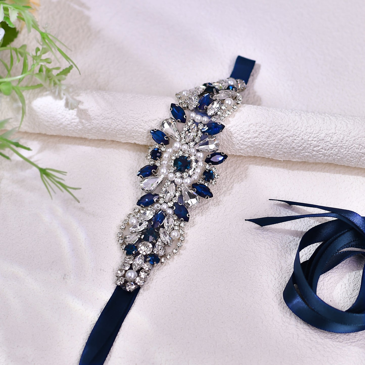 BRIDELLA BS188ML Wedding Belt Deep Blue Diamond Wedding Accessories