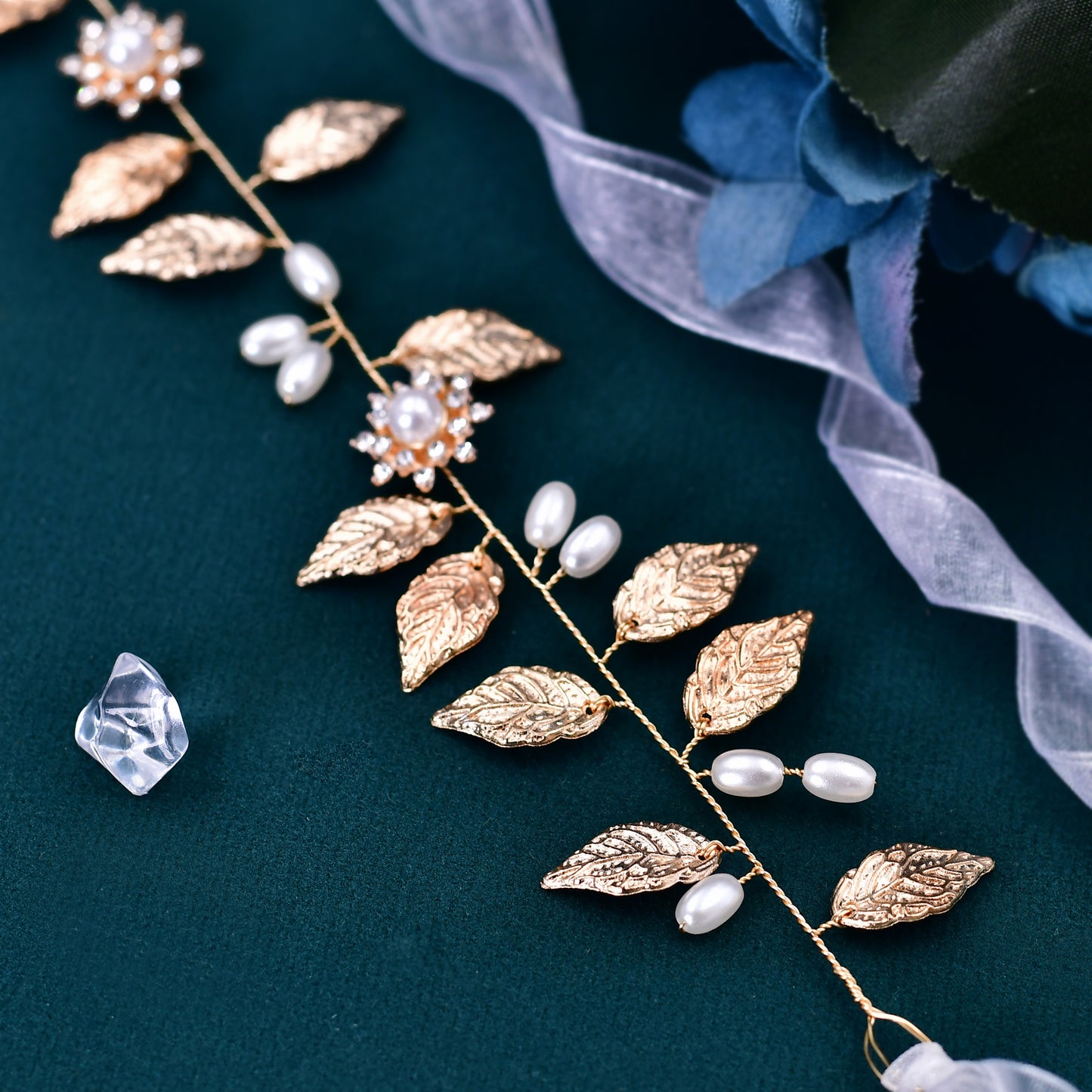 BRIDELLA BHP110 Golden Alloy Leaf Headband for Brides Hand Woven Metal Studded with Diamonds Noble Wedding Hair Accessories